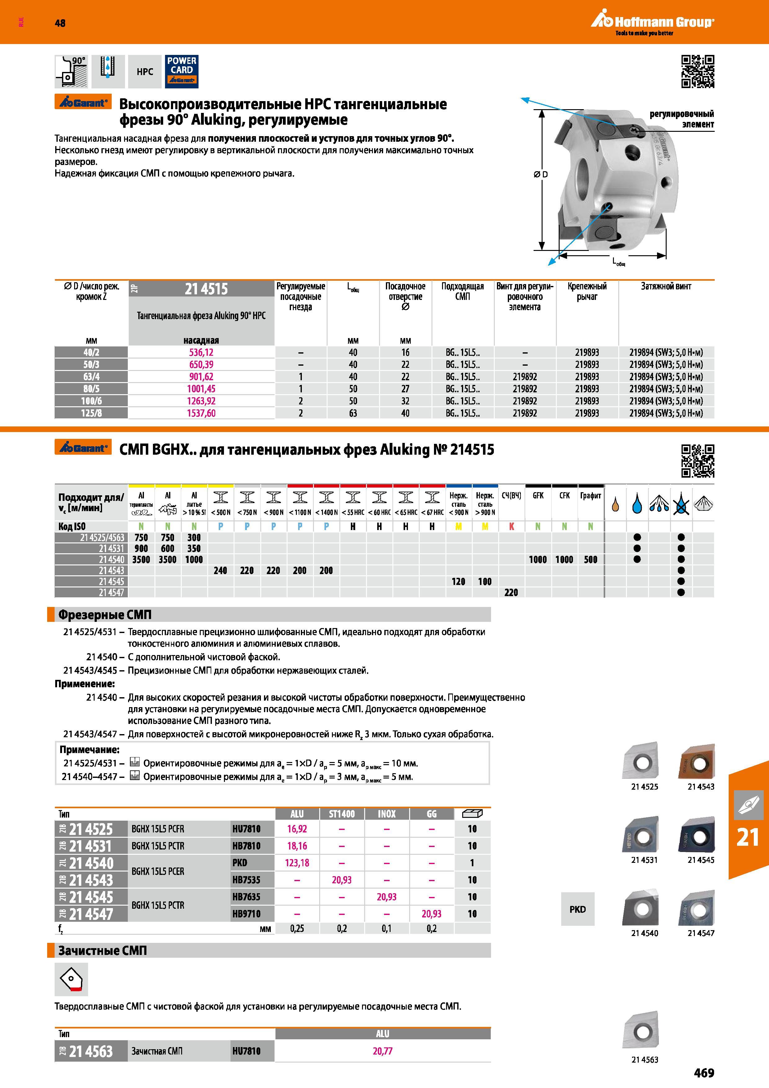 469 48 Hoffmann Group HPC Garant Высокопроизводительные HPC тангенциальные фрезы 90° Aluking, регулируемые Тангенциальная насадная фреза для получения пло Каталог HOFFMANN GROUP 2017 Инструмент режущий и вспомогательный для металлорежущих промышленных станков Резцы токарные Концевые твердосплавные фрезы Зажимные патроны Стр. 469