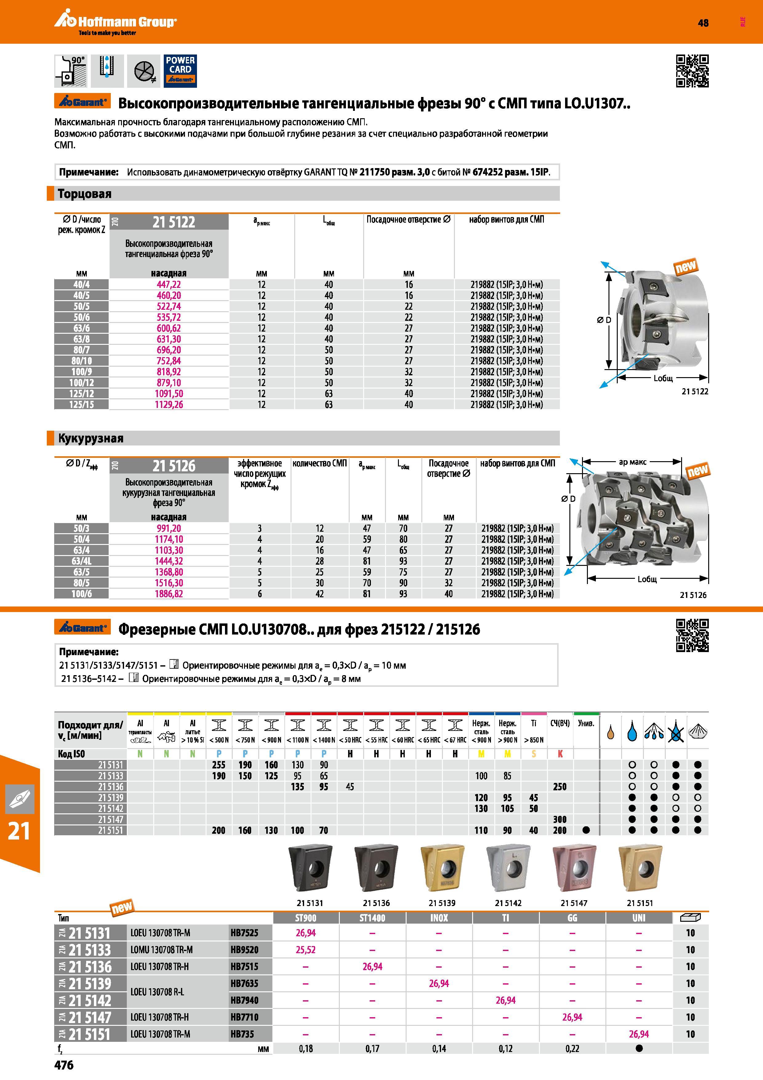 476 Высокопроизводительные тангенциальные кукурузные фрезы Hoffmann Group 90° со сменными многогранными режущими пластинами из твердого сплава типа LO U13 Каталог HOFFMANN GROUP 2017 Инструмент режущий и вспомогательный для металлорежущих промышленных станков Резцы токарные Концевые твердосплавные фрезы Зажимные патроны Стр. 476