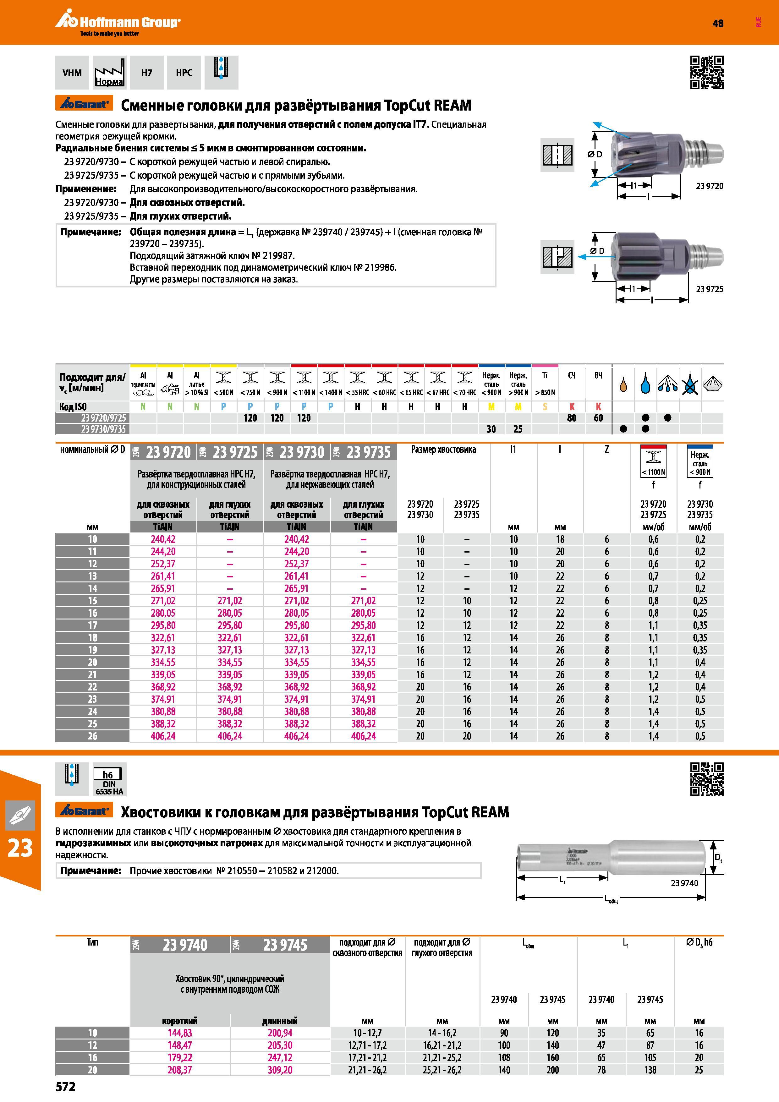 572 Hoffmann Group 48 VHM NNN Норма H7 HPC Garant Сменные головки для развёртывания TopCut REAM Сменные головки для развертывания, для получения отверстий Каталог HOFFMANN GROUP 2017 Инструмент режущий и вспомогательный для металлорежущих промышленных станков Резцы токарные Концевые твердосплавные фрезы Зажимные патроны Стр. 572