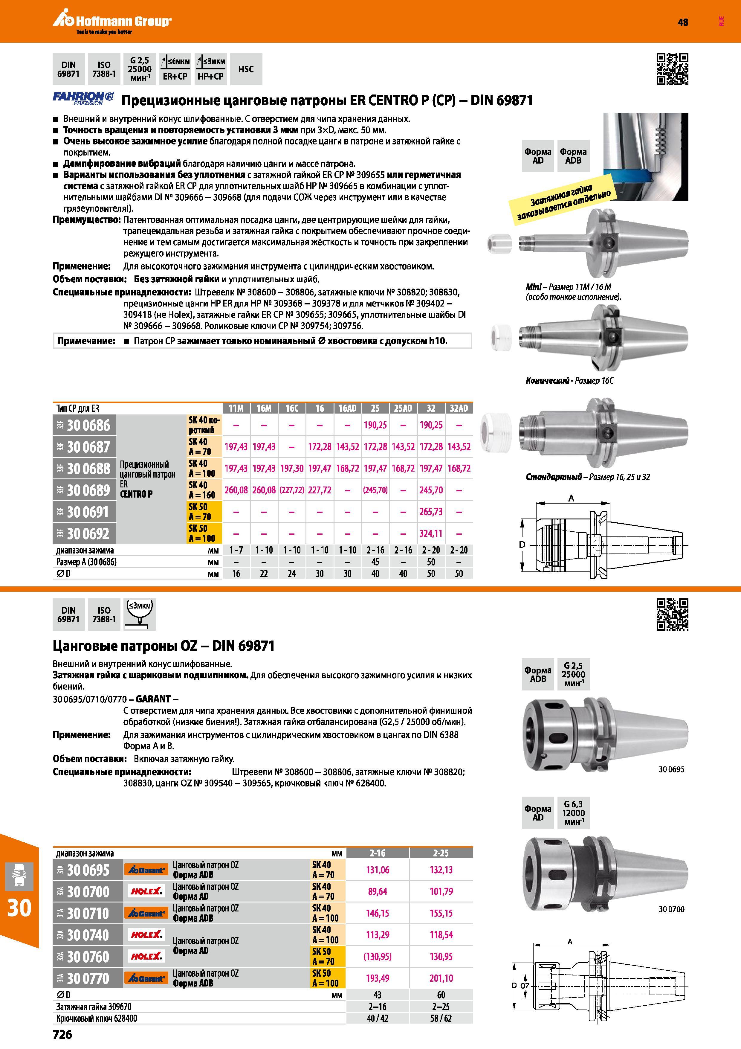 726 Hoffmann Group 48 DIN 69871 ISO 7388-1 G 2,5 25000 мин'1 <6мкм <3мкм ER+CP HP+CP HSC ГАН ШШ<8 Прецизионные цанговые патроны ER CENTRO Р (CP) - DIN 698 Каталог HOFFMANN GROUP 2017 Инструмент режущий и вспомогательный для металлорежущих промышленных станков Резцы токарные Концевые твердосплавные фрезы Зажимные патроны Стр. 726