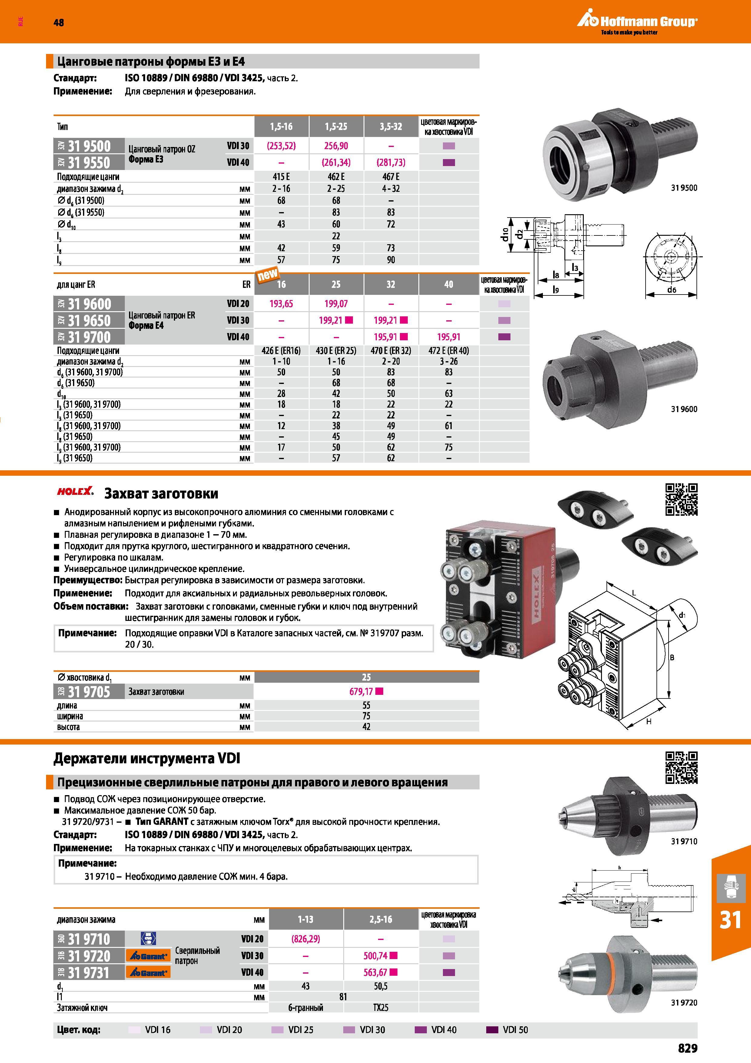 829 48 Hoffmann Group Цанговые патроны формы ЕЗ и Е4 Стандарт: IS0 10889/ DIN 69880/VDI3425, часть 2 Применение Для сверления и фрезерования Тип 1,5-16 1, Каталог HOFFMANN GROUP 2017 Инструмент режущий и вспомогательный для металлорежущих промышленных станков Резцы токарные Концевые твердосплавные фрезы Зажимные патроны Стр. 829