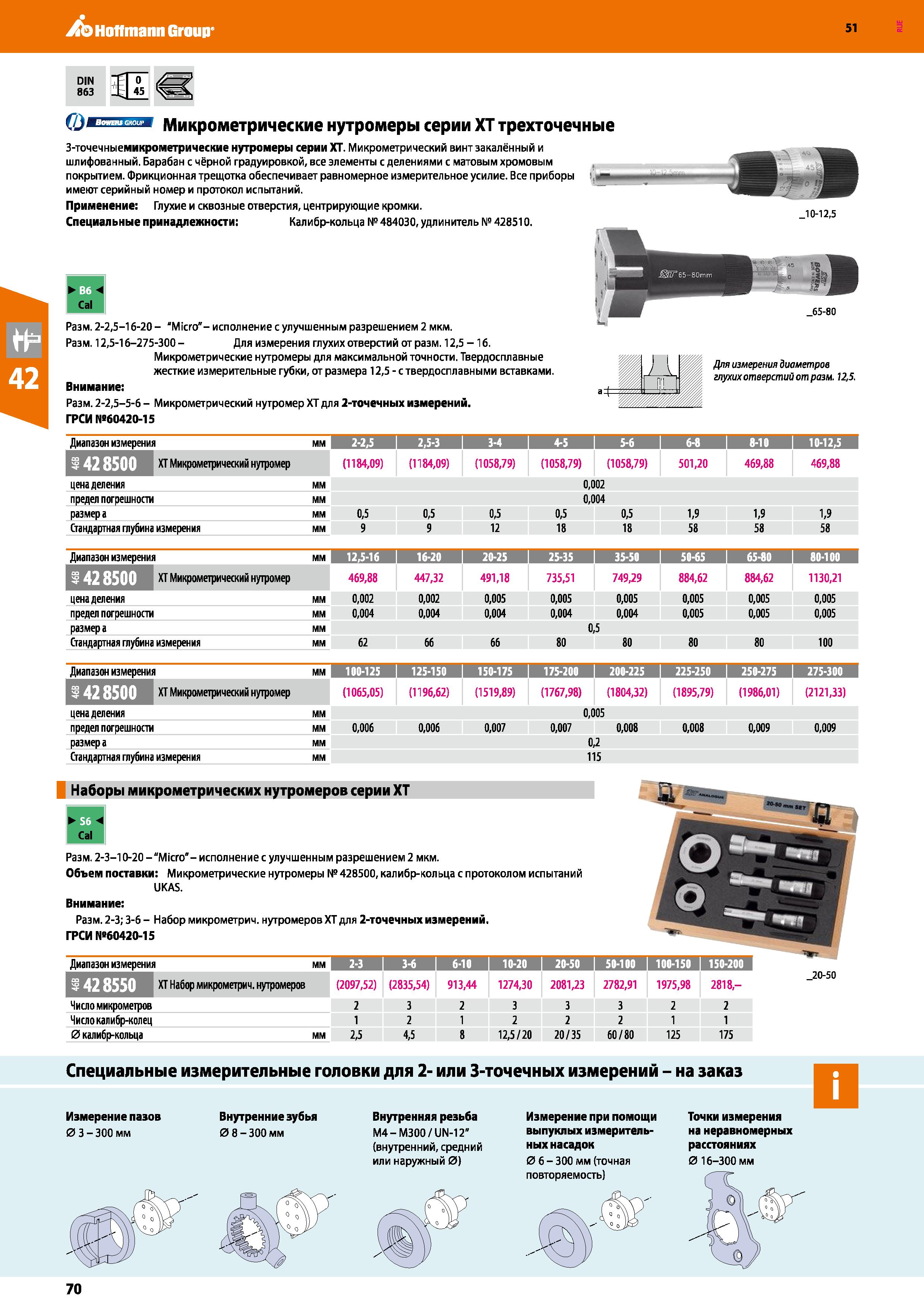 70 Hoffmann Group 51 01ни Микрометрические нутромеры серии XT трехточечные 3-точечныемикрометрические нутромеры серии XT Микрометрический винт закал Каталог HOFFMANN GROUP 2020 Измерительный и ручной инструмент Инвентарь Абразивы Шлифовальные и отрезные круги Электроинструмент Пневмоинструмент Штангенциркули Стр. 70