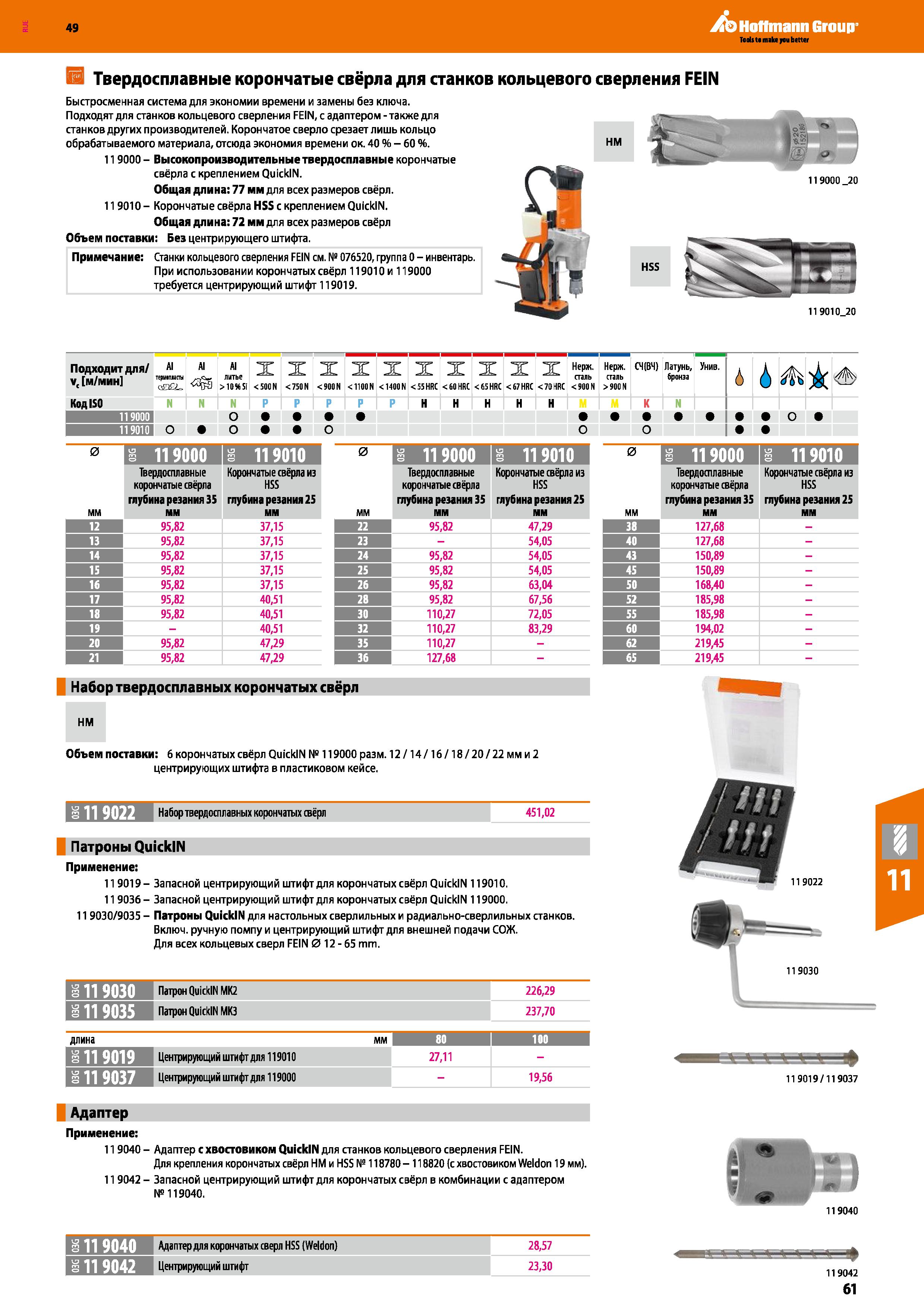 61 Hoffmann Group Твердосплавные корончатые свёрла для станков кольцевого сверления FEIN Быстросменная система для экономии времени и за Каталог HOFFMANN GROUP 2018 Профессиональный режущий и вспомогательный инструмент для промышленного оборудования Сверла Фрезы Метчики Державки Стр. 61