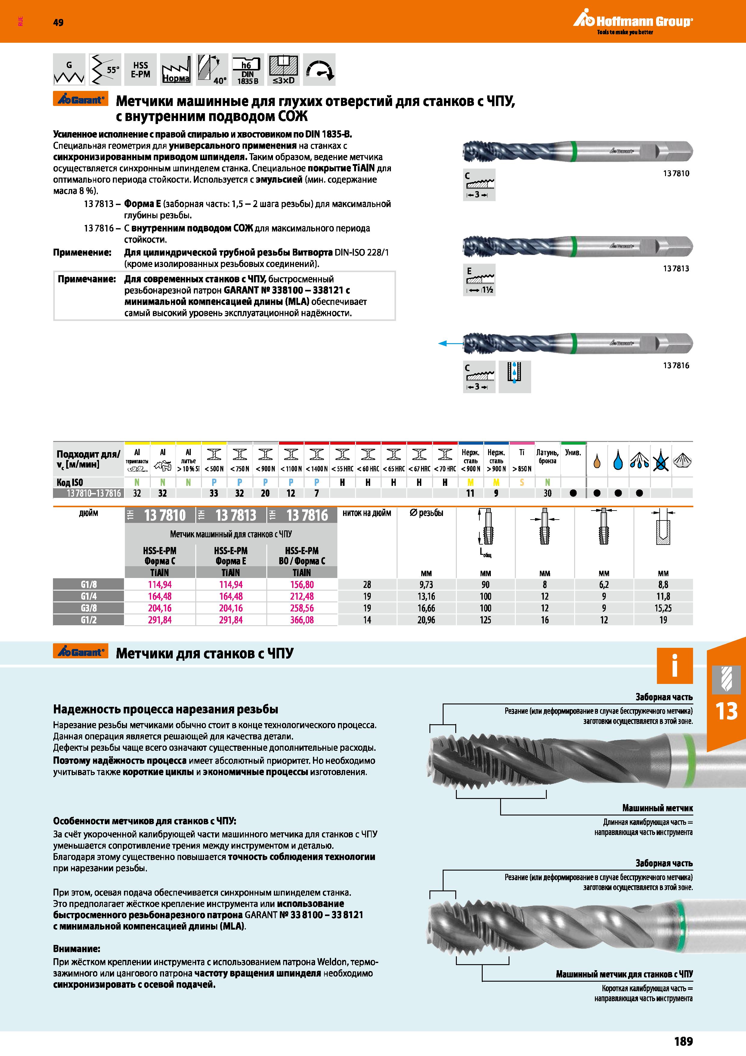 189 Hoffmann Group lA V 55° HSS E-PM nknI Норма Г’ DIN 40е 1835B 53XD Garant Метчики машинные для глухих отверстий для станков с ЧПУ, с в Каталог HOFFMANN GROUP 2018 Профессиональный режущий и вспомогательный инструмент для промышленного оборудования Сверла Фрезы Метчики Державки Стр. 189