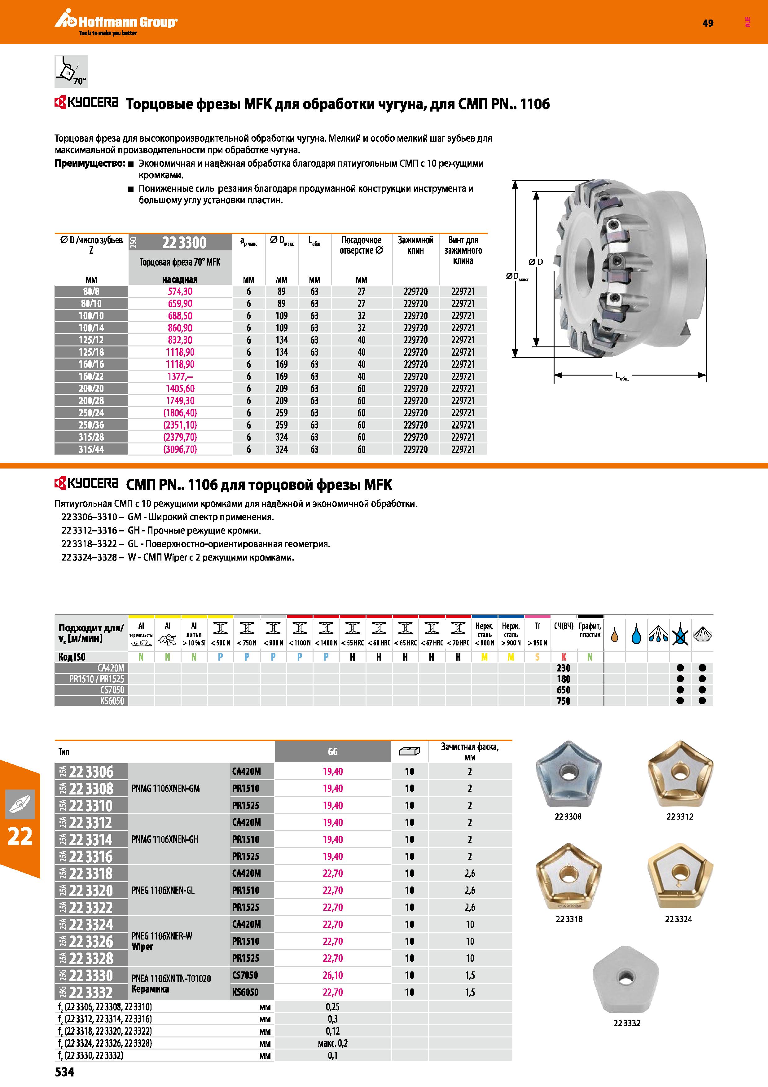 534 Hoffmann Group 49 70 cgKyacERa Торцовые фрезы MFK для обработки чугуна, для СМП PN 1106 Торцовая фреза для высокопроизводительной обр Каталог HOFFMANN GROUP 2018 Профессиональный режущий и вспомогательный инструмент для промышленного оборудования Сверла Фрезы Метчики Державки Стр. 534