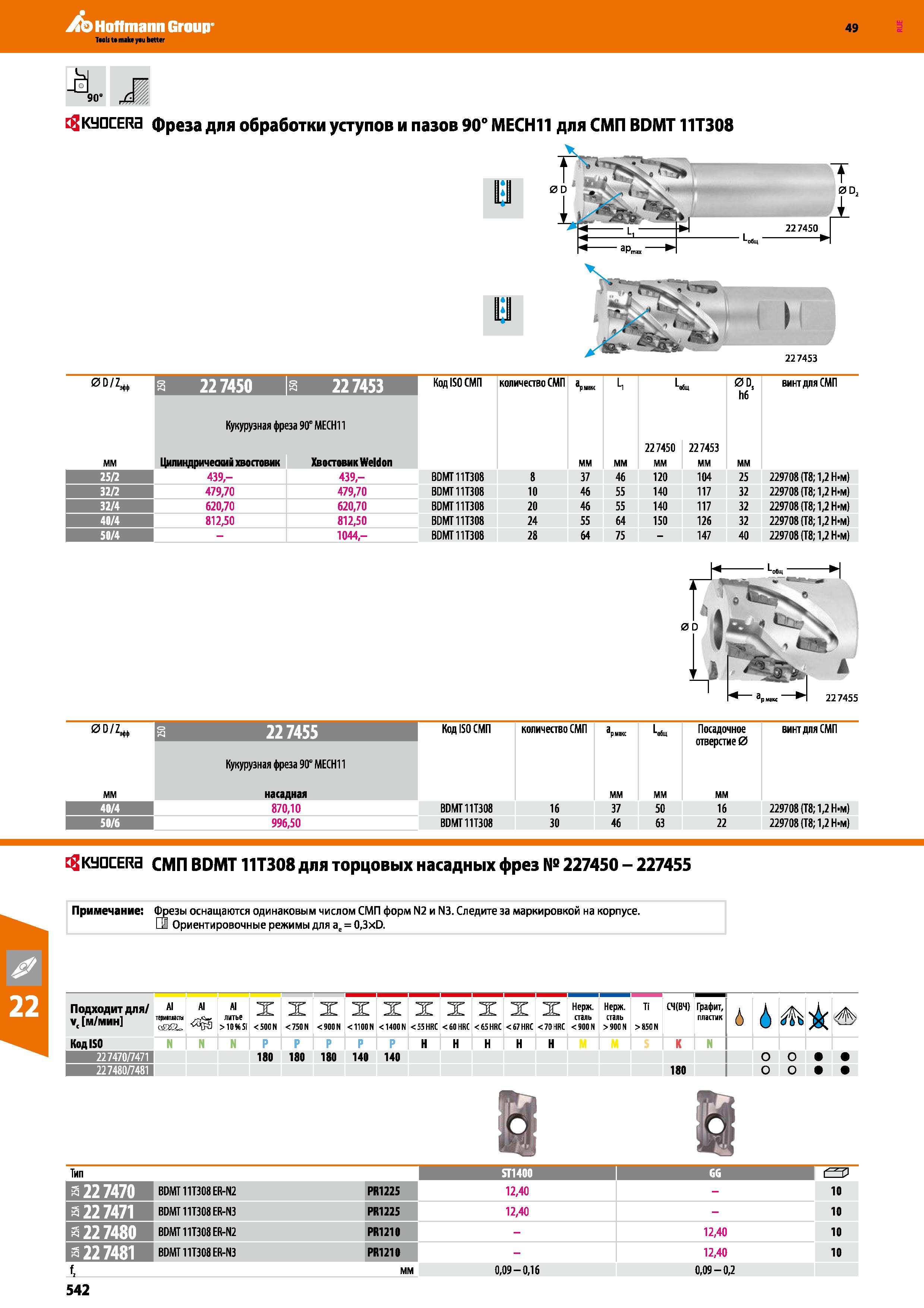 542 tgKyaCERa фреза для обработки уступов и пазов 90° МЕСН11 для СМП BDMT 11Т308 а 227450 а 22 7453 Код ISO СМП количеаво СМП рмш L, kiii Каталог HOFFMANN GROUP 2018 Профессиональный режущий и вспомогательный инструмент для промышленного оборудования Сверла Фрезы Метчики Державки Стр. 542