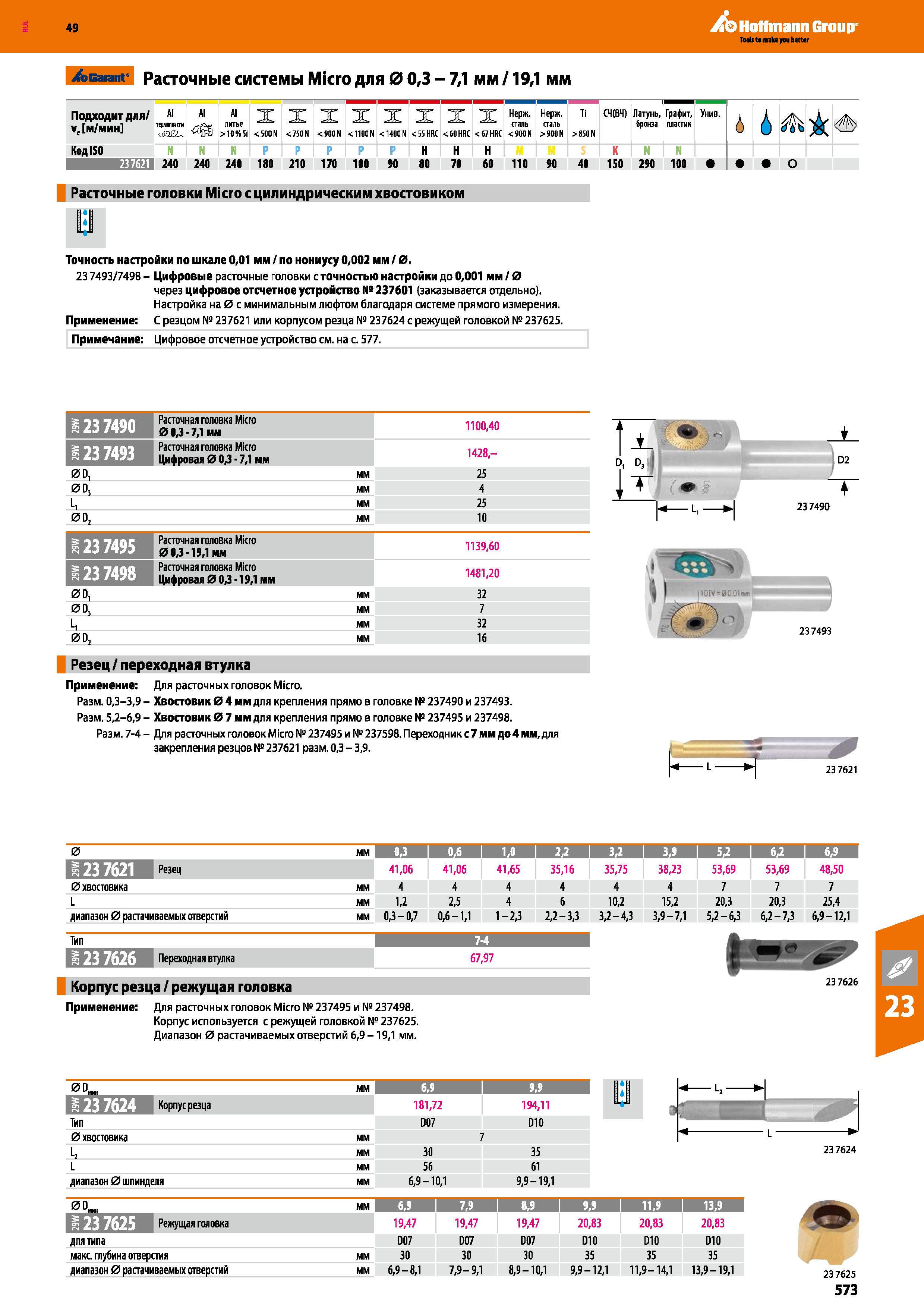 573 Hoffmann Group > Garant Расточные системы Micro для 0 0,3 - 7,1 мм 19,1 мм Подходит для vc м/мин AI терышапъ Al <aga Al литье > 10 % Каталог HOFFMANN GROUP 2018 Профессиональный режущий и вспомогательный инструмент для промышленного оборудования Сверла Фрезы Метчики Державки Стр. 573