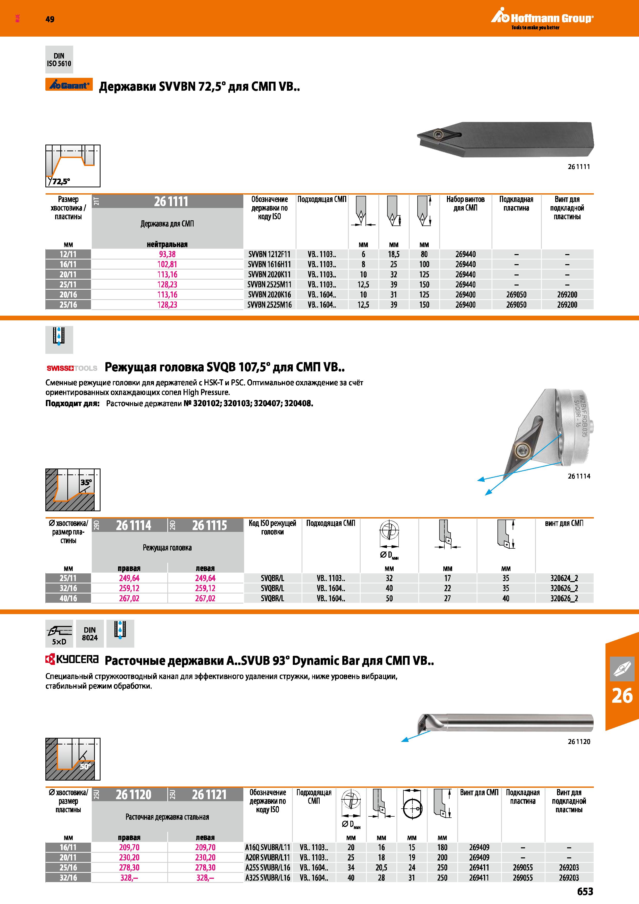 653 Hoffmann Group DIN ISO 5610 Garant Державки SVVBN 72,5° для СМП VB 72,5° 261111 Размер зостовика хвостовика пластины 261111 Державка Каталог HOFFMANN GROUP 2018 Профессиональный режущий и вспомогательный инструмент для промышленного оборудования Сверла Фрезы Метчики Державки Стр. 653