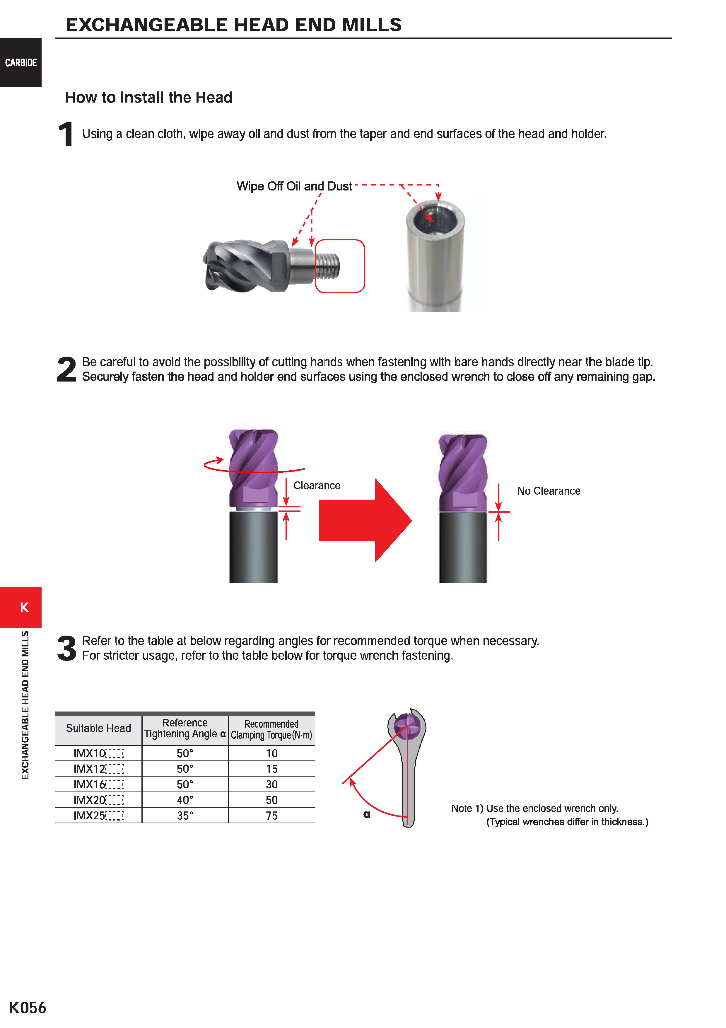 1088 EXCHANGEABLE HEAD END MILLS EXCHANGEABLE HEAD END MILLS CARBIDE K How to Install the Head Using a clean cloth, wipe away oil and dust from the ta Каталог MITSUBISHI 2020 Режущий инструмент для станков по металлу Фрезы концевые монолитные из твердого сплава и сборные со сменными режущими пластинами Резцы Сверла Стр. K056