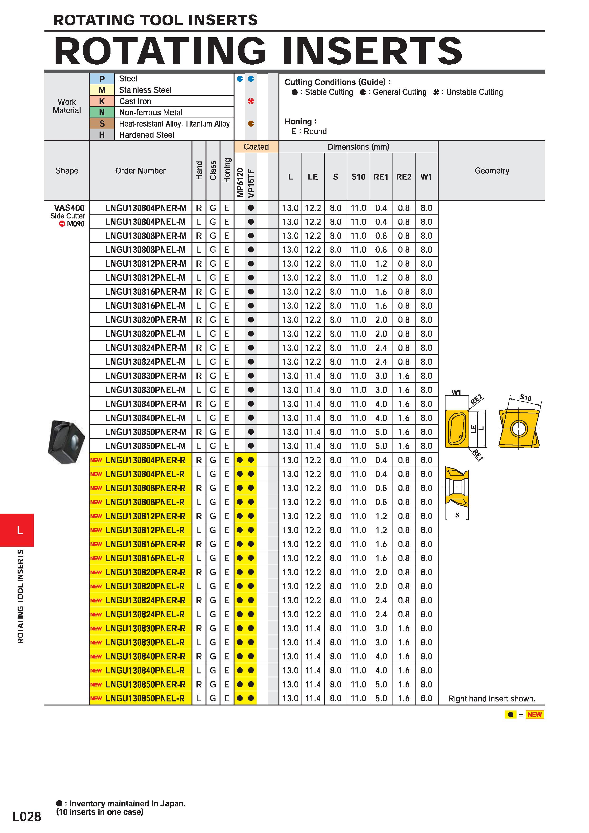 1118 ROTATING TOOL INSERTS ROTATING INSERTS p Steel Cutting Conditions (Guide): : Stable Cutting C : General Cutting Honing : E : Round M Stainless St Каталог MITSUBISHI 2020 Режущий инструмент для станков по металлу Фрезы концевые монолитные из твердого сплава и сборные со сменными режущими пластинами Резцы Сверла Стр. L028