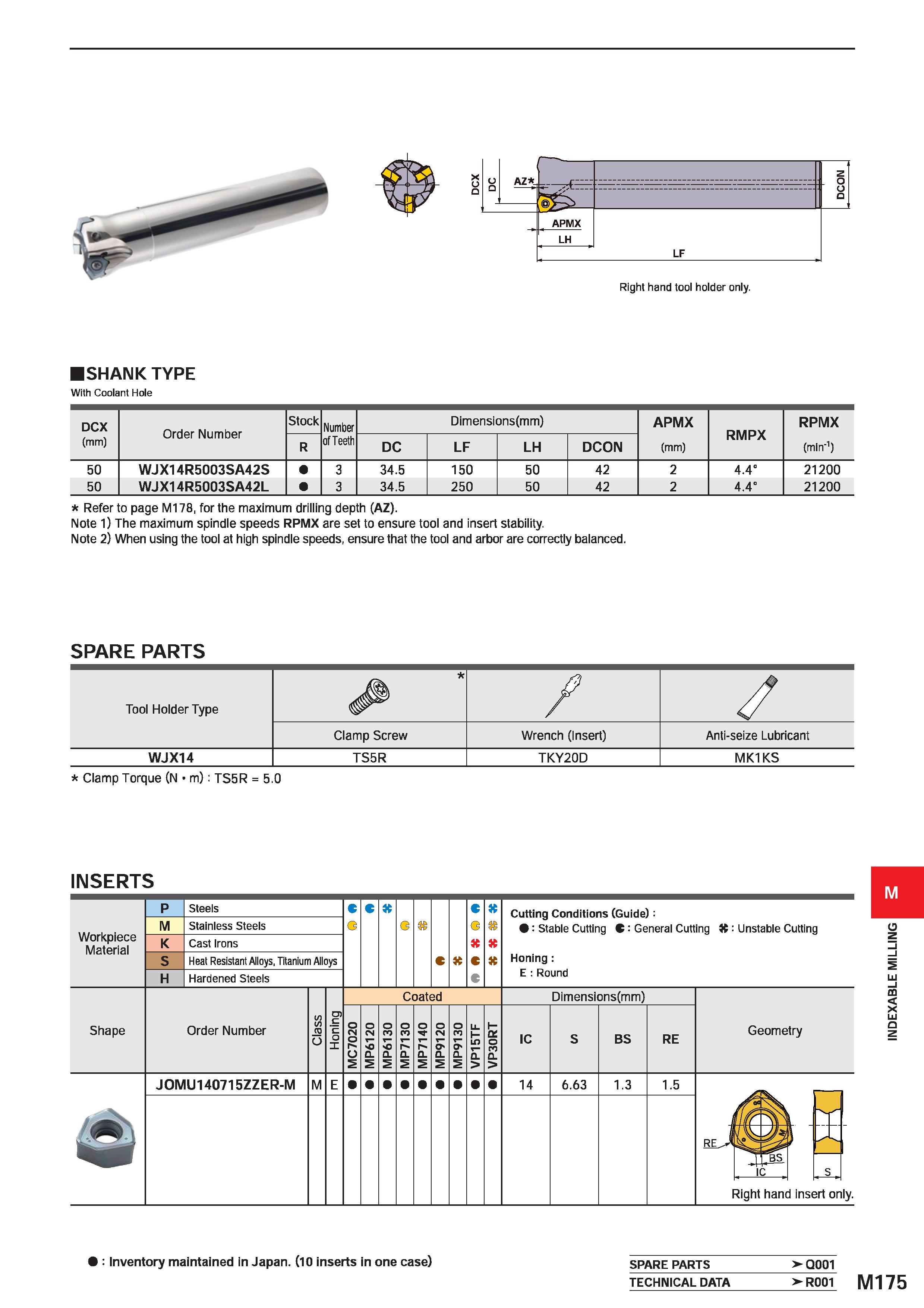 1331 Right hand tool holder only SHANK TYPE With Coolant Hole DCX Order Number Stock Number Dimensions(mm) APMX RMPX RPMX (mm) R of Teeth DC LF LH DCO Каталог MITSUBISHI 2020 Режущий инструмент для станков по металлу Фрезы концевые монолитные из твердого сплава и сборные со сменными режущими пластинами Резцы Сверла Стр. M175
