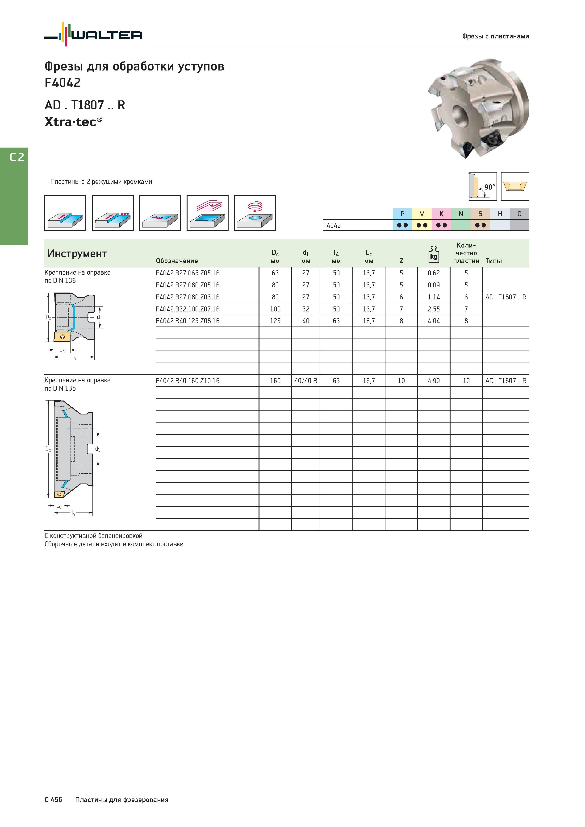 2168 Walter Фрезы с пластинами Фрезы для обработки уступов F4042 AD T1807 R Xtratec Пластины с 2 режущими кромками P M K N S H O Группы обрабатываемых материа Каталог WALTER 2017 Инструмент металлорежущий и вспомогательный для металлообрабатывающих станков Сменные пластины Резцы Державки Расточные оправки Сверла Фрезы Патроны Стр. C456