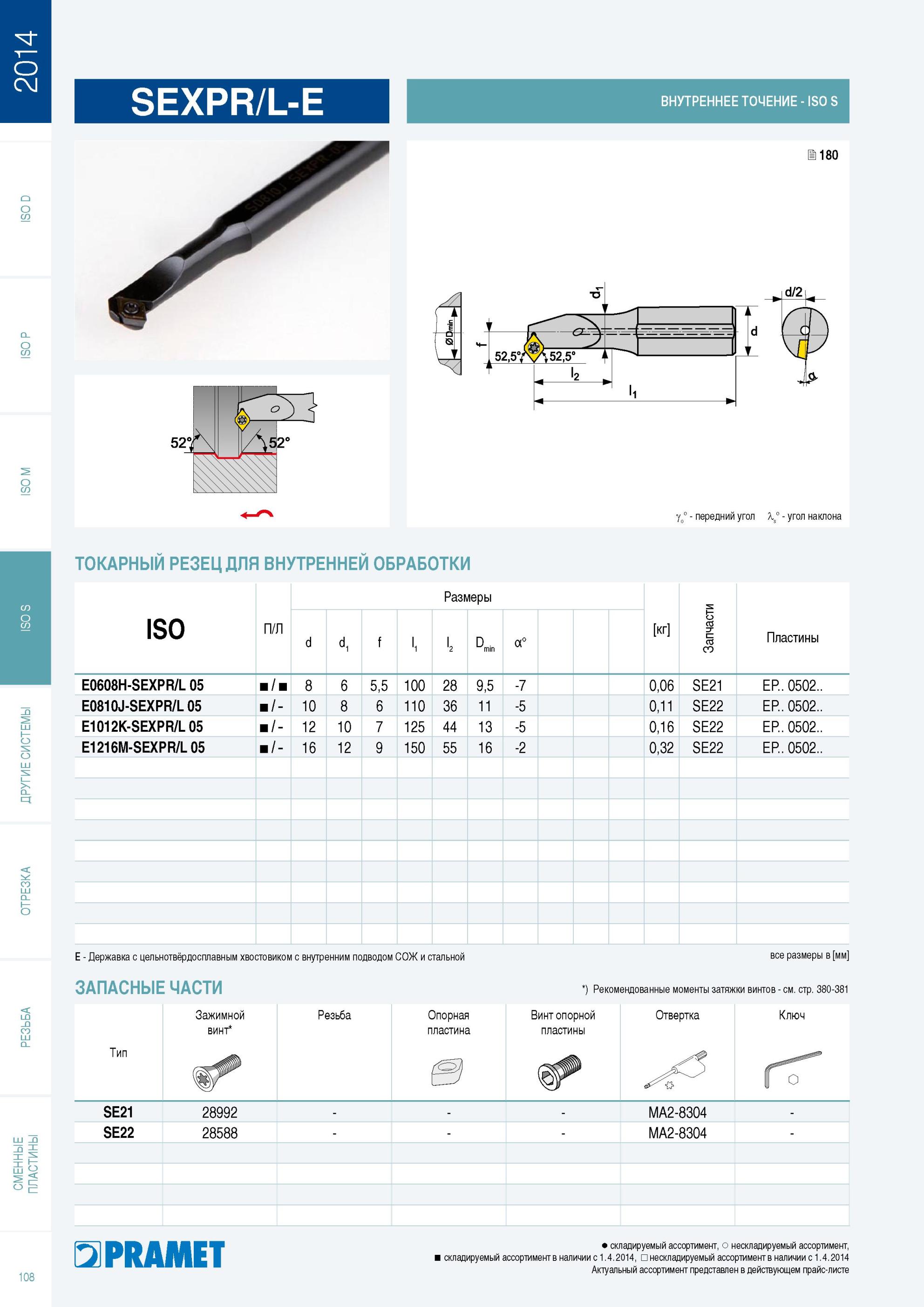 109 Токарный резец Pramet SEXPR/L-E для внутренней токарной обработки на станках Правого и левого исполнений Размеры Вес указан в кг Запчасти Пластины Державка Каталог PRAMET 2014 на русском языке Токарная обработка Точение Отрезка Обработка канавок Нарезание резьбы Стр. 108