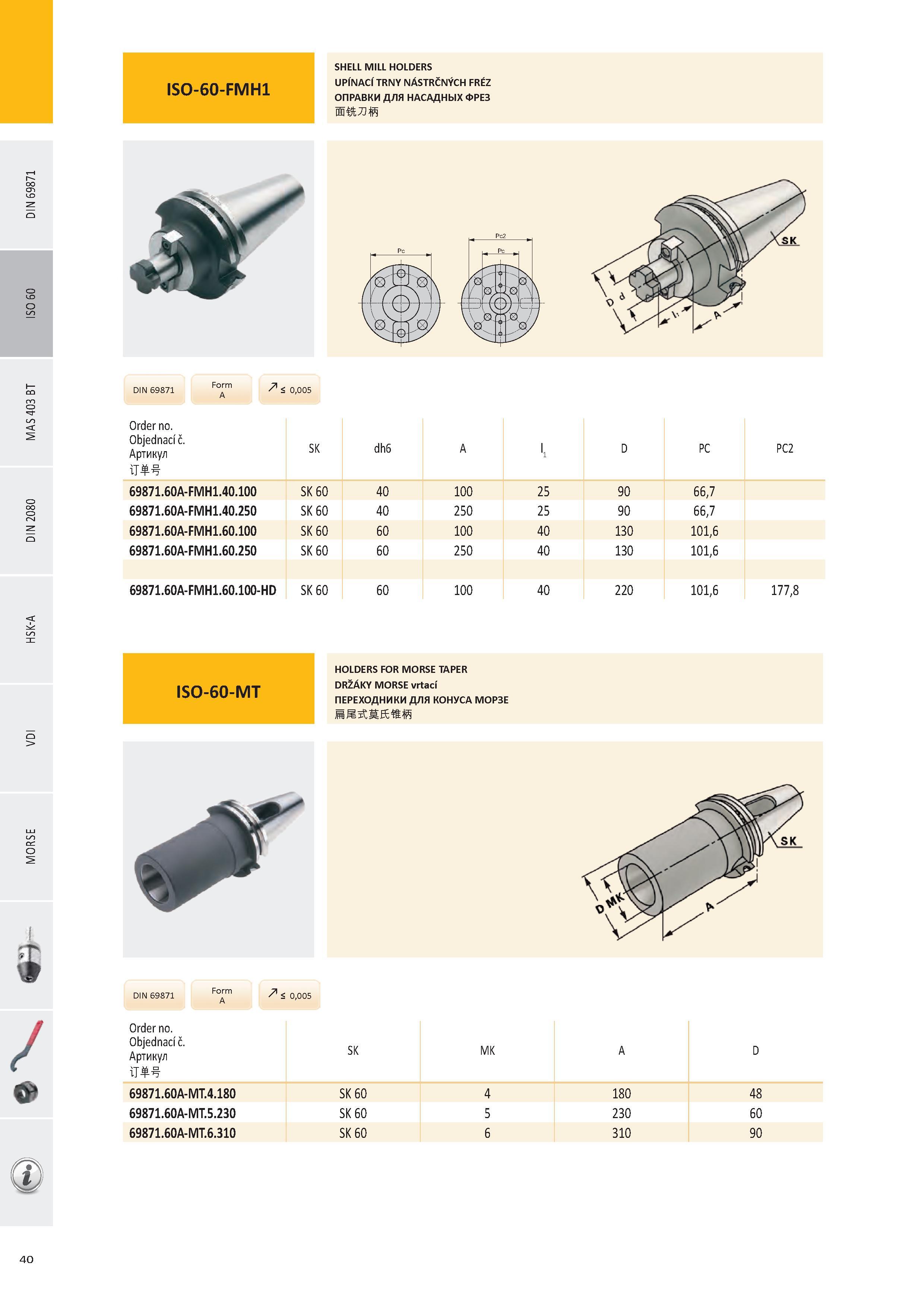 41 ОПРАВКИ ДЛЯ НАСАДНЫХ ФРЕЗ DIN 69871 Order no Objednací č Артикул T SK dh6 A D PC PC2 69871 60A-FMH1 40 100 SK 60 40 100 25 90 66,7 69871 60A-FMH1 40 250 SK Каталог PRAMET 2016 Инструментальная оснастка для металлорежущих станков и металлообрабатывающих промышленных комплексов с числовым программным управлением Стр. 40