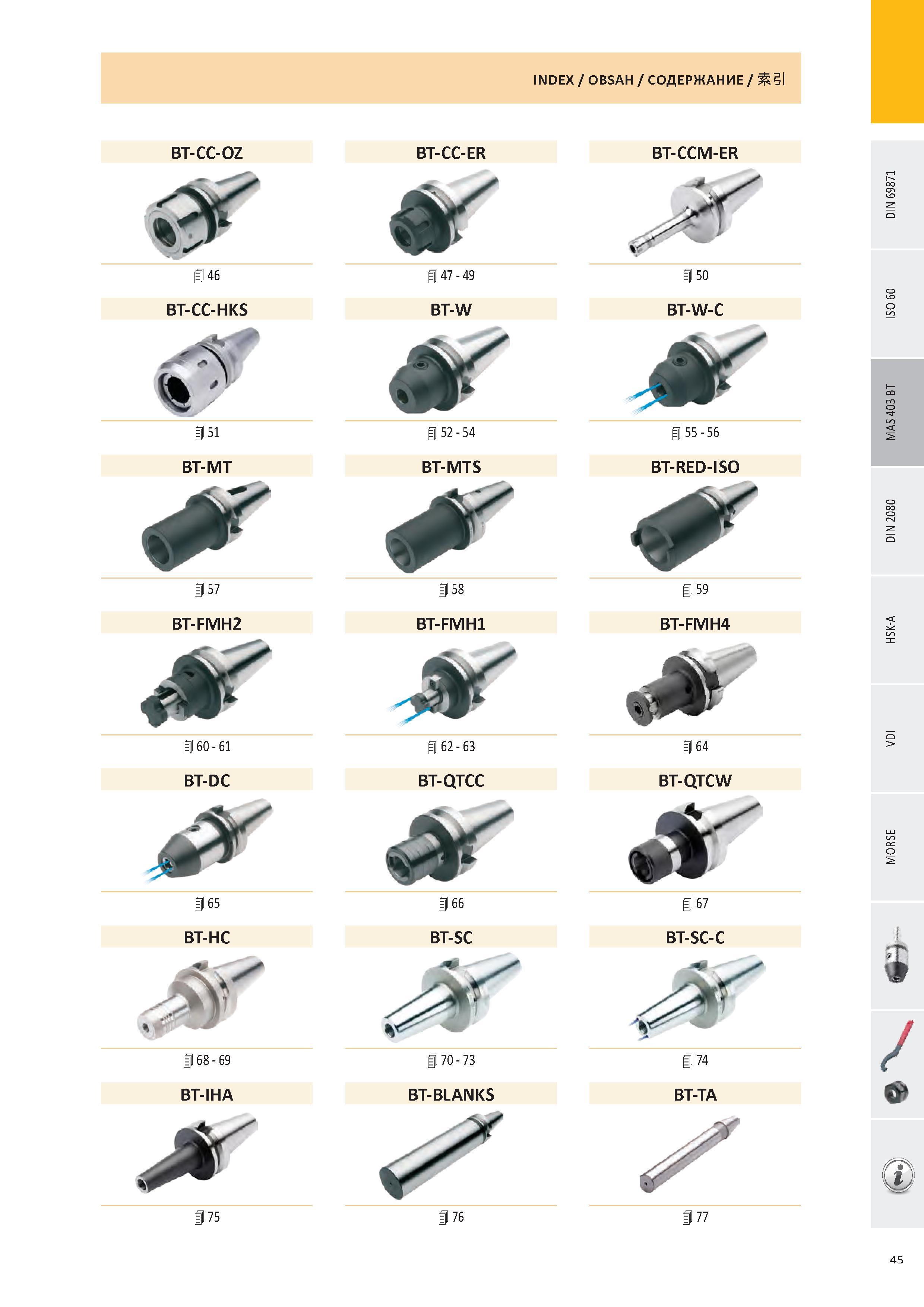 46 INDEX / OBSAH / СОДЕРЖАНИЕ / Ж31 BT-CC-OZ 4 46 BT-CC-HKS 4 51 BT-MT & 4 57 BT-FMH2 4 60 - 61 BT-DC 4 65 BT-HC 4 68 - 69 BT-IHA BT-CC-ER BT-CCM-ER 4 47 - 49 Каталог PRAMET 2016 Инструментальная оснастка для металлорежущих станков и металлообрабатывающих промышленных комплексов с числовым программным управлением Стр. 45