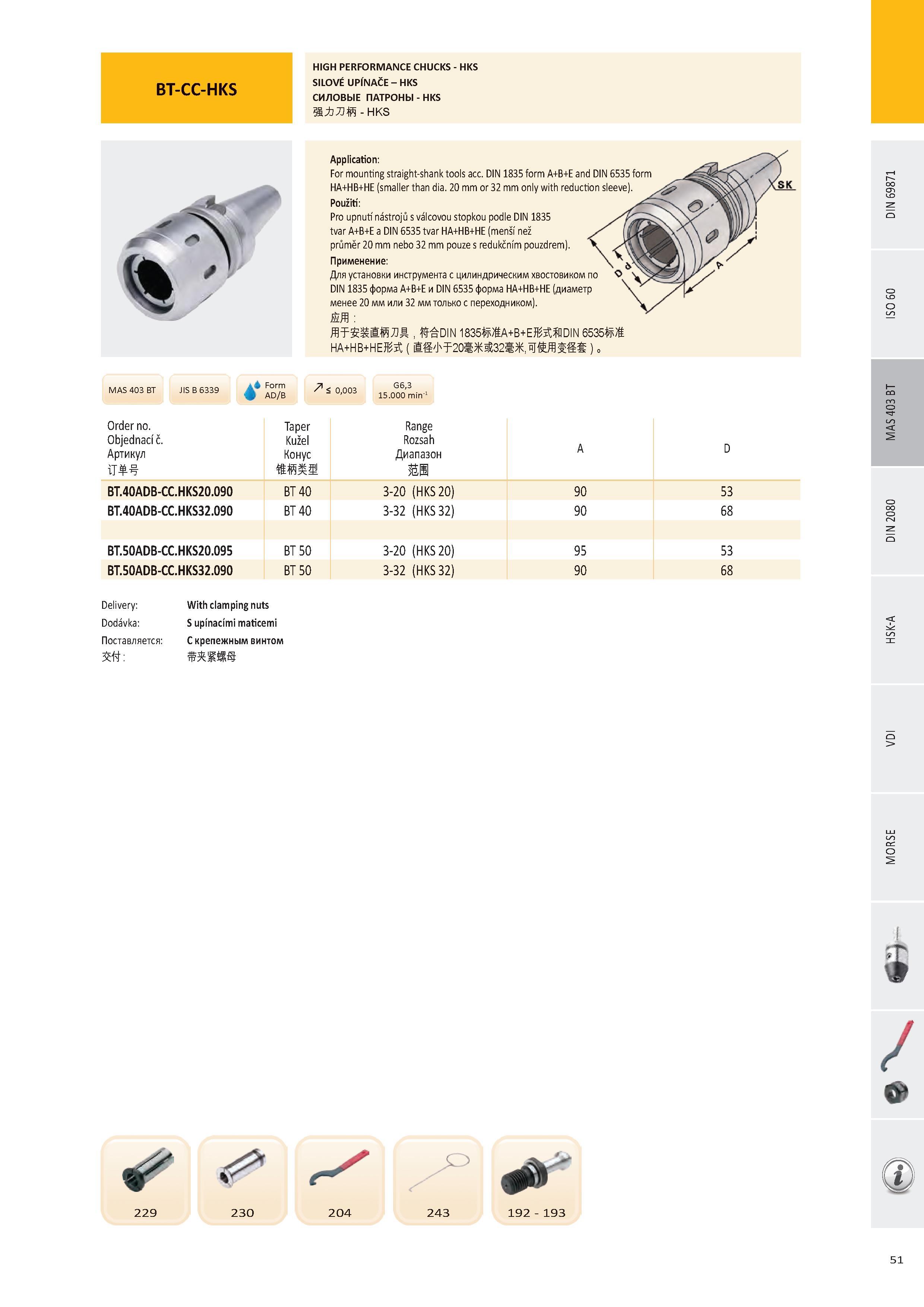 52 BT-CC-HKS HIGH PERFORMANCE CHUCKS - HKS SILOVÉ UPÍNAČE - HKS СИЛОВЫЕ ПАТРОНЫ - HKS - HKS % Application: For mounting straight-shank tools acc DIN 1835 form Каталог PRAMET 2016 Инструментальная оснастка для металлорежущих станков и металлообрабатывающих промышленных комплексов с числовым программным управлением Стр. 51