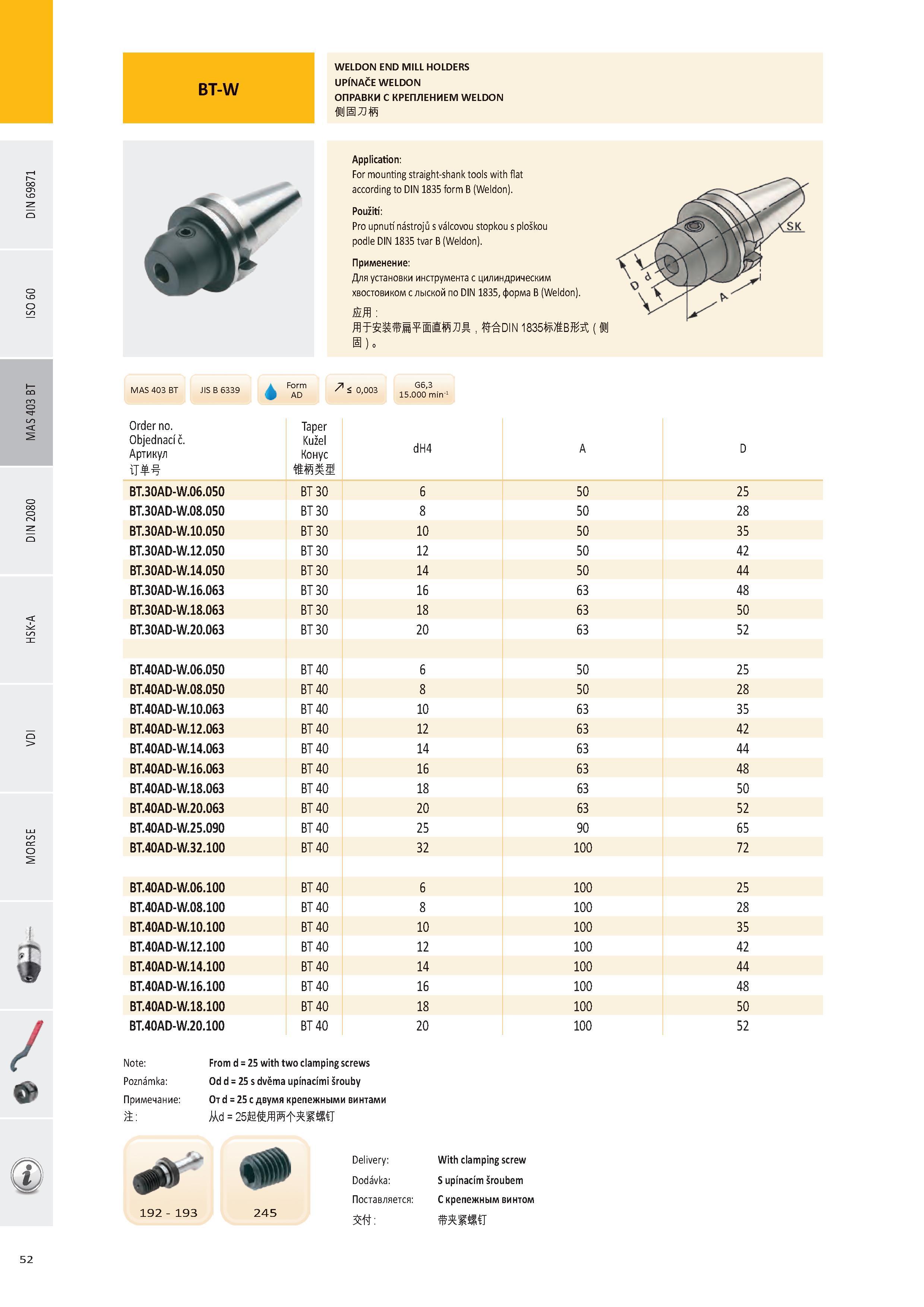 53 WELDON END MILL HOLDERS UPÍNAČE WELDON ОПРАВКИ С КРЕПЛЕНИЕМ WELDON Form AD S'<0,003 15 0G060'3minJ / Order no Objednací č Артикул Taper Kužel Конус dH4 BT Каталог PRAMET 2016 Инструментальная оснастка для металлорежущих станков и металлообрабатывающих промышленных комплексов с числовым программным управлением Стр. 52