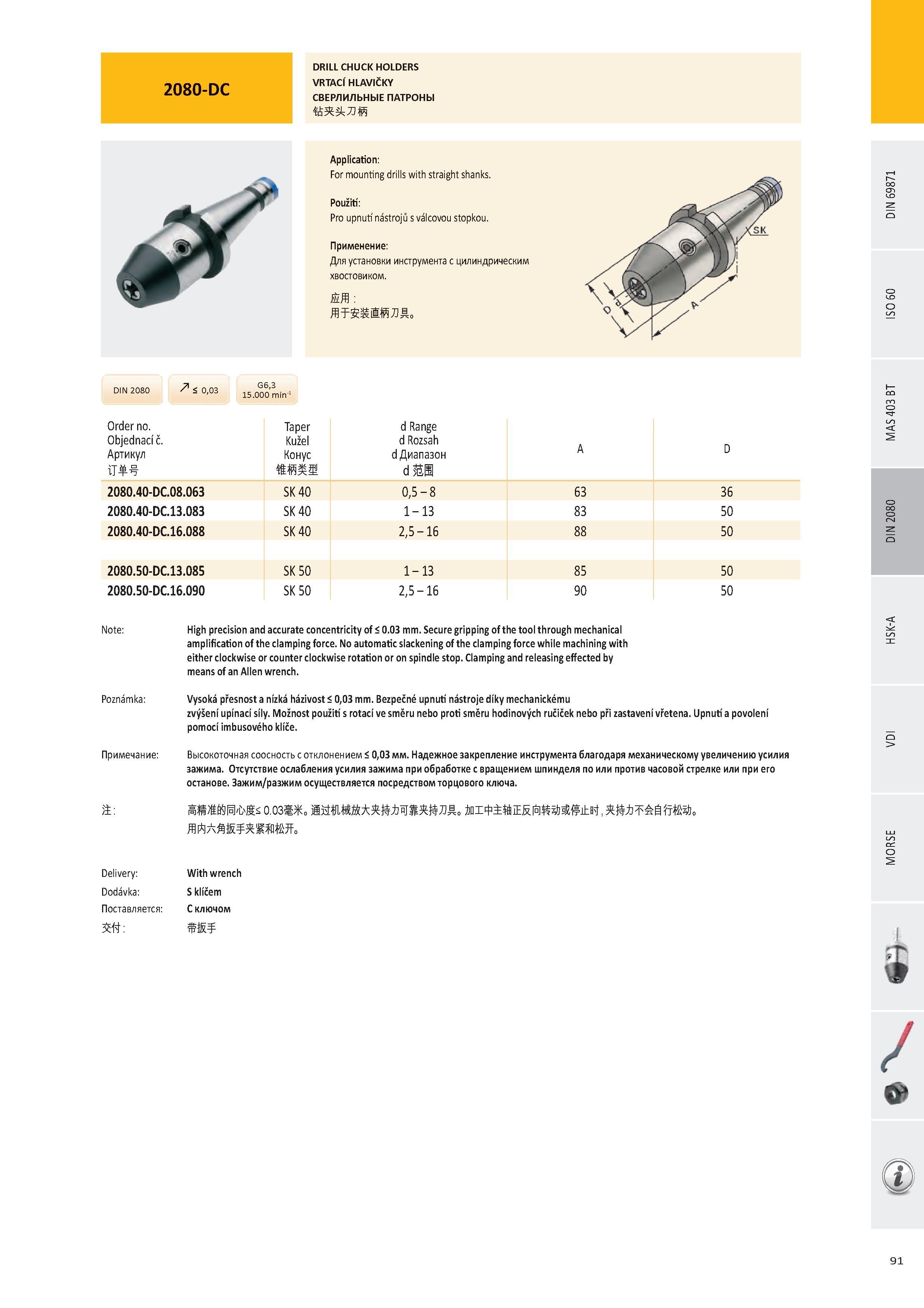 92 2080-DC DRILL CHUCK HOLDERS VRTACÍ HLAVIČKY СВЕРЛИЛЬНЫЕ ПАТРОНЫ DIN 2080 < 0,03 G6,3 15 000 min-1 Order no Taper d Range Objednací č Kužel d Rozsah Артикул Каталог PRAMET 2016 Инструментальная оснастка для металлорежущих станков и металлообрабатывающих промышленных комплексов с числовым программным управлением Стр. 91