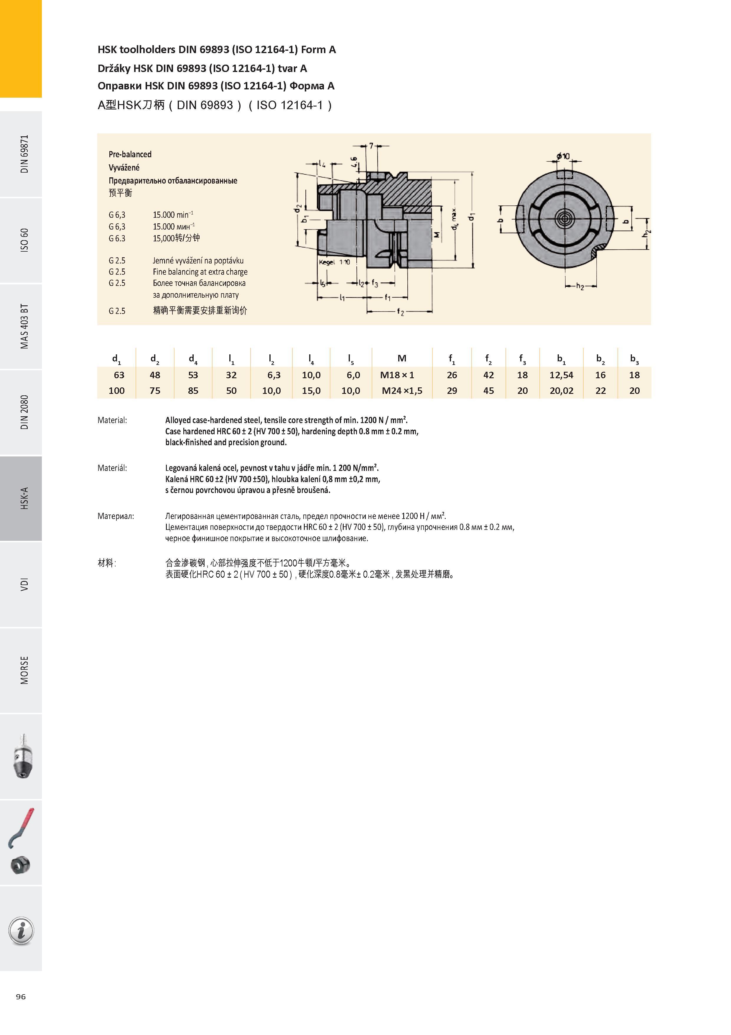 97 HSK toolholders DIN 69893 (ISO 12164-1) Form A Držáky HSK DIN 69893 (ISO 12164-1) tvar A Оправки HSK DIN 69893 (ISO 12164-1) Форма A AMHSKZIffi(DIN 69893 ) Каталог PRAMET 2016 Инструментальная оснастка для металлорежущих станков и металлообрабатывающих промышленных комплексов с числовым программным управлением Стр. 96