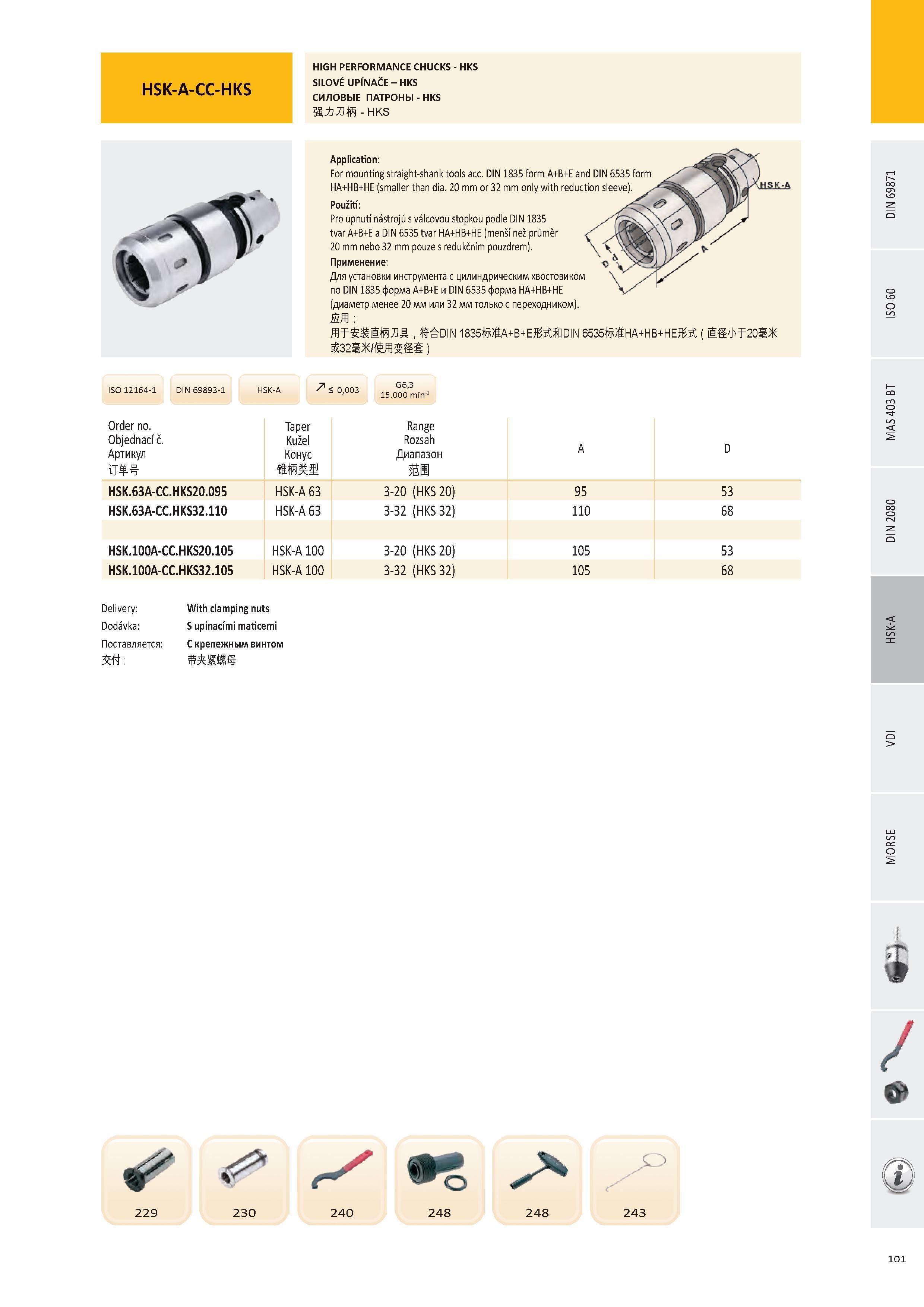 102 HSK-A-CC-HKS HIGH PERFORMANCE CHUCKS - HKS SILOVÉ UPÍNAČE - HKS СИЛОВЫЕ ПАТРОНЫ - HKS ЙАЛЙ - HKS Application: For mounting straight-shank tools acc DIN 183 Каталог PRAMET 2016 Инструментальная оснастка для металлорежущих станков и металлообрабатывающих промышленных комплексов с числовым программным управлением Стр. 101