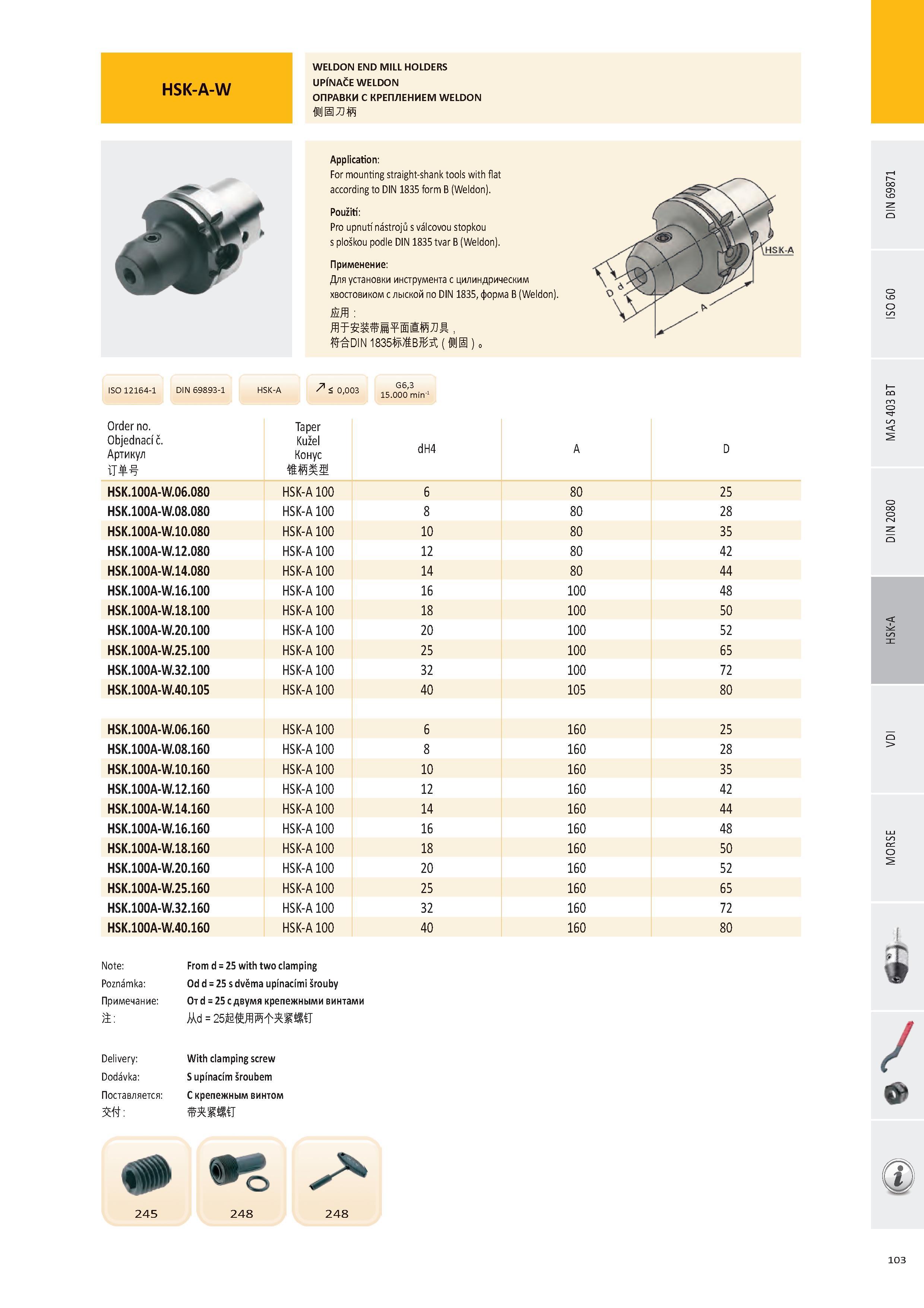 104 HSK-A-W WELDON END MILL HOLDERS UPÍNAČE WELDON ОПРАВКИ С КРЕПЛЕНИЕМ WELDON Application: For mounting straight-shank tools with flat according to DIN 1835 f Каталог PRAMET 2016 Инструментальная оснастка для металлорежущих станков и металлообрабатывающих промышленных комплексов с числовым программным управлением Стр. 103