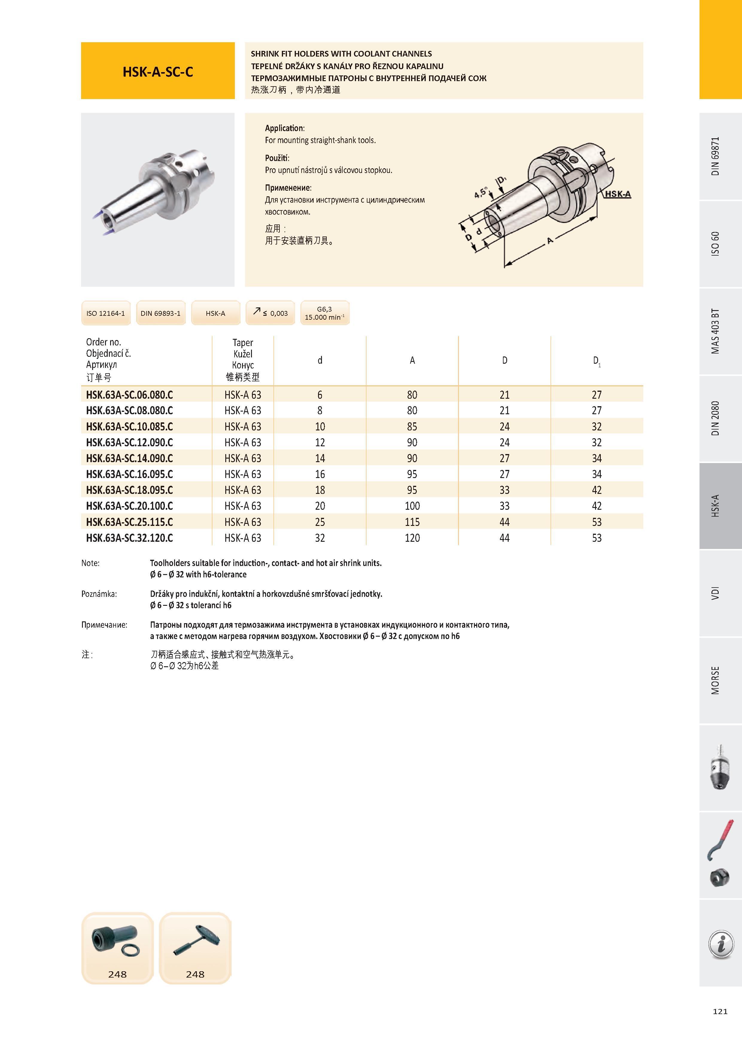 122 HSK-A-SC-C SHRINK FIT HOLDERS WITH COOLANT CHANNELS TEPELNÉ DRŽÁKY S KANÁLY PRO ŘEZNOU KAPALINU ТЕРМОЗАЖИМНЫЕ ПАТРОНЫ С ВНУТРЕННЕЙ ПОДАЧЕЙ СОЖ ISO 12164-1 Каталог PRAMET 2016 Инструментальная оснастка для металлорежущих станков и металлообрабатывающих промышленных комплексов с числовым программным управлением Стр. 121