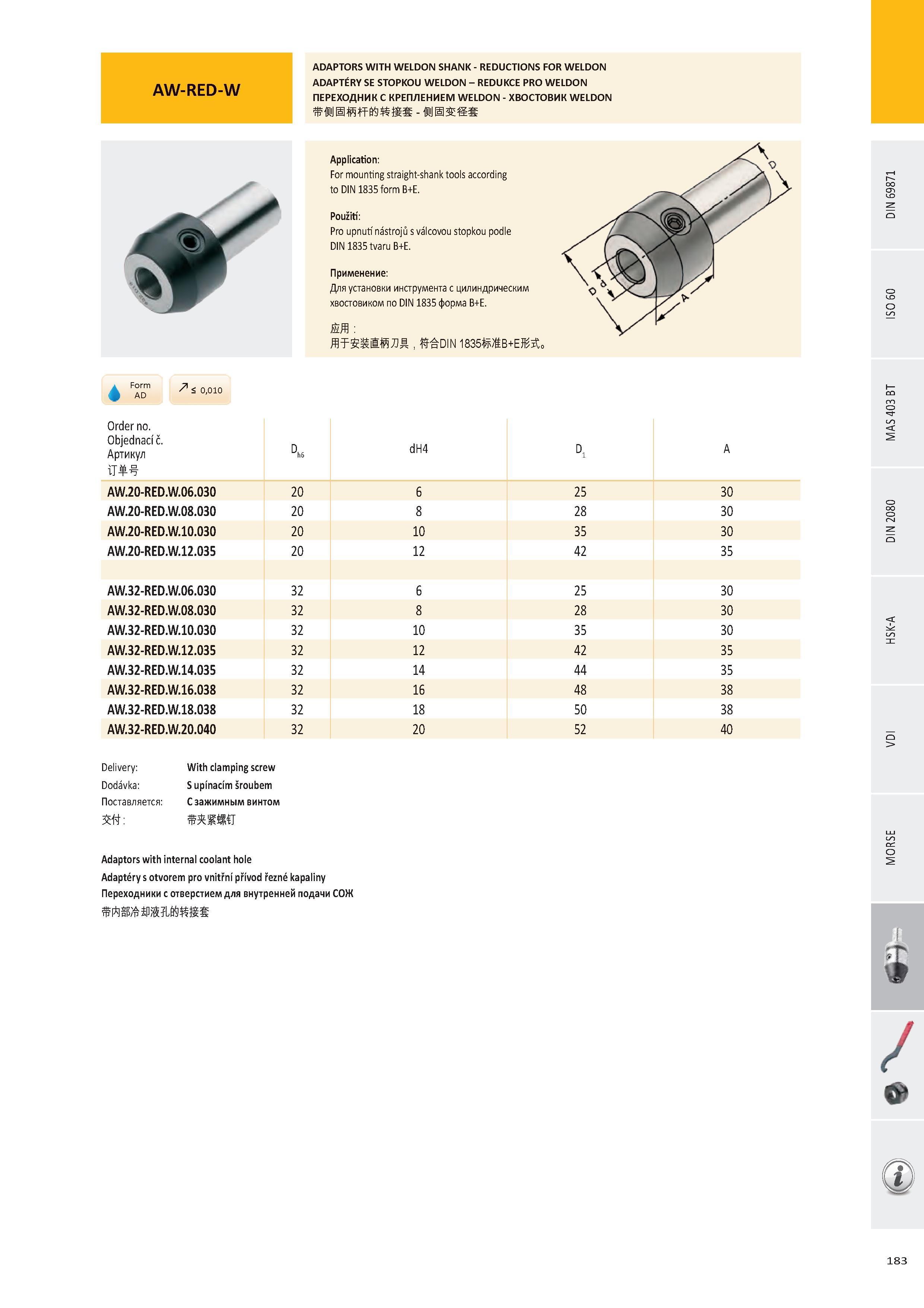 184 AW-RED-W ADAPTORS WITH WELDON SHANK - REDUCTIONS FOR WELDON ADAPTÉRY SE STOPKOU WELDON - REDUKCE PRO WELDON ПЕРЕХОДНИК С КРЕПЛЕНИЕМ WELDON - ХВОСТОВИК WELD Каталог PRAMET 2016 Инструментальная оснастка для металлорежущих станков и металлообрабатывающих промышленных комплексов с числовым программным управлением Стр. 183