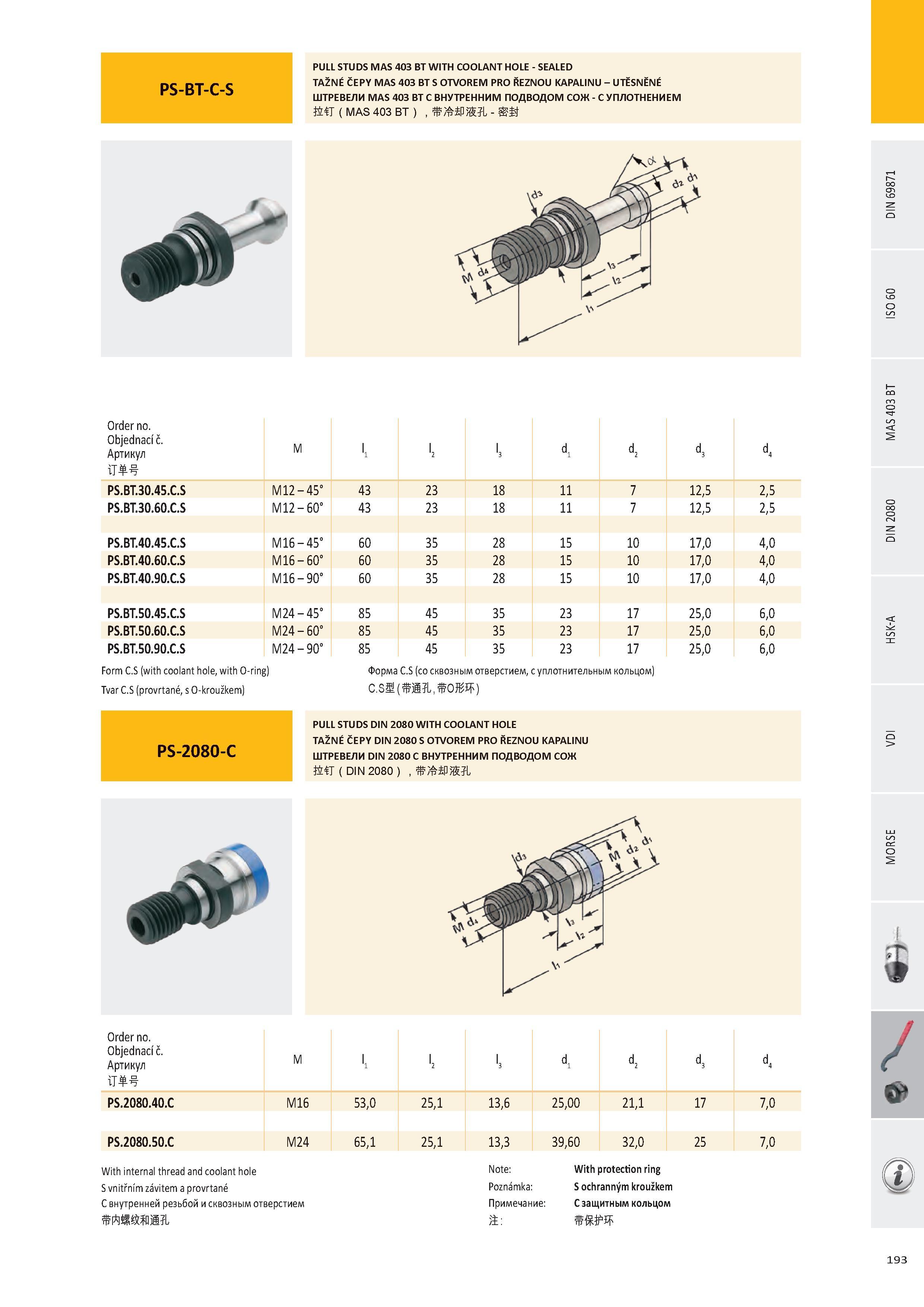 194 PS-BT-C-S PULL STUDS MAS 403 BT WITH COOLANT HOLE - SEALED TAŽNÉ ČEPY MAS 403 BT S OTVOREM PRO ŘEZNOU KAPALINU - UTĚSNĚNÉ ШТРЕВЕЛИ MAS 403 BT С ВНУТРЕННИМ Каталог PRAMET 2016 Инструментальная оснастка для металлорежущих станков и металлообрабатывающих промышленных комплексов с числовым программным управлением Стр. 193