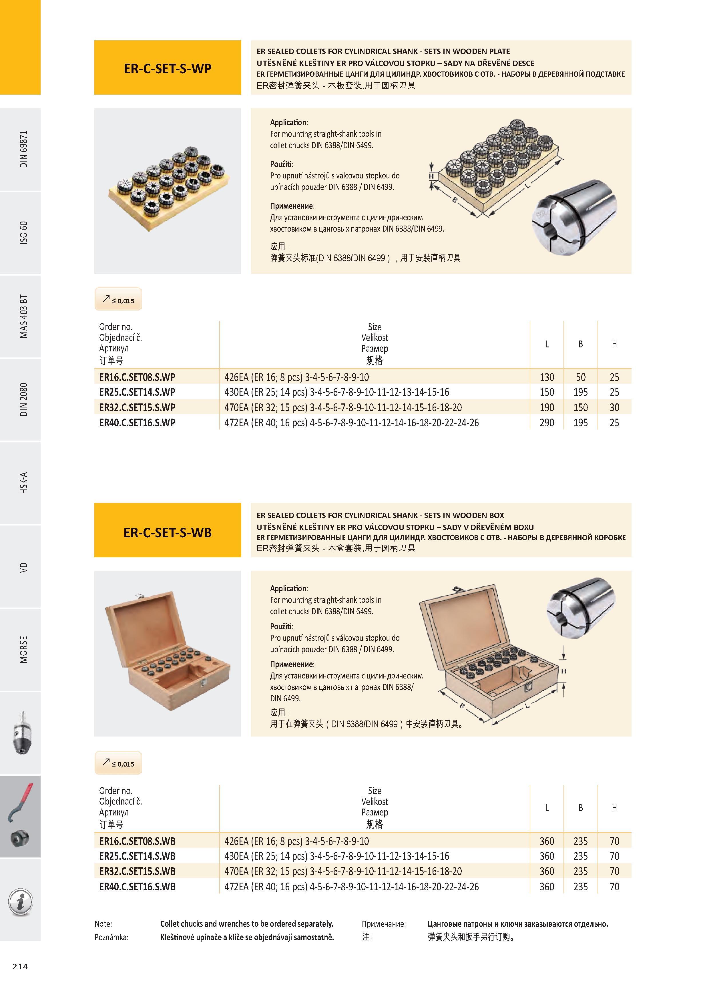 215 ER SEALED COLLETS FOR CYLINDRICAL SHANK - SETS IN WOODEN PLATE UTĚSNĚNÉ KLEŠTINY ER PRO VÁLCOVOU STOPKU - SADY NA DŘEVĚNÉ DESCE ER ГЕРМЕТИЗИРОВАННЫЕ ЦАНГИ Каталог PRAMET 2016 Инструментальная оснастка для металлорежущих станков и металлообрабатывающих промышленных комплексов с числовым программным управлением Стр. 214