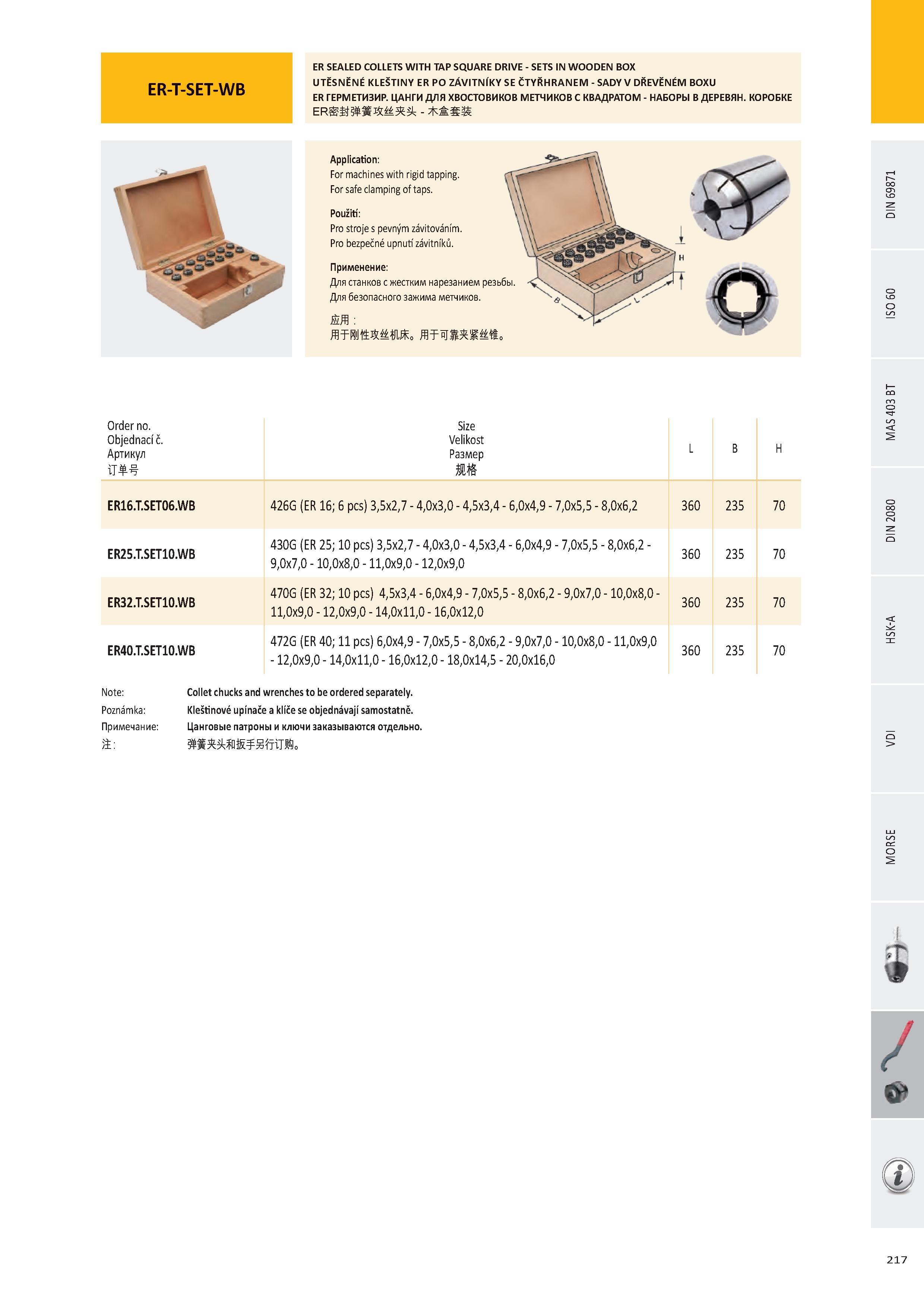 218 ER-T-SET-WB ER SEALED COLLETS WITH TAP SQUARE DRIVE - SETS IN WOODEN BOX UTĚSNĚNÉ KLEŠTINY ER PO ZÁVITNÍKY SE ČTYŘHRANEM - SADY V DŘEVĚNÉM BOXU ER ГЕРМЕТИЗ Каталог PRAMET 2016 Инструментальная оснастка для металлорежущих станков и металлообрабатывающих промышленных комплексов с числовым программным управлением Стр. 217