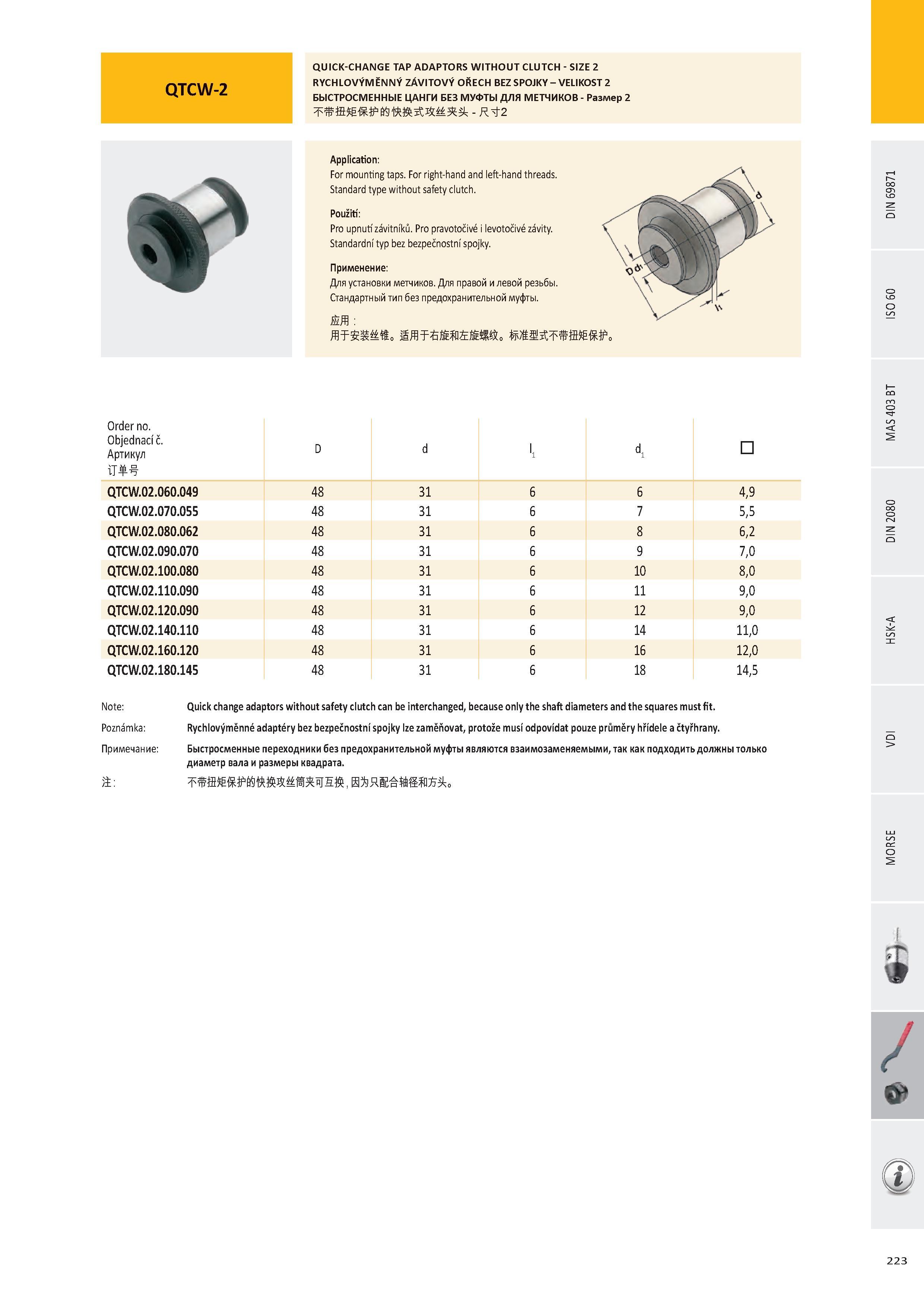 224 QTCW-2 QUICK-CHANGE TAP ADAPTORS WITHOUT CLUTCH - SIZE 2 RYCHLOVÝMĚNNÝ ZÁVITOVÝ OŘECH BEZ SPOJKY - VELIKOST 2 БЫСТРОСМЕННЫЕ ЦАНГИ БЕЗ МУФТЫ ДЛЯ МЕТЧИКОВ - Каталог PRAMET 2016 Инструментальная оснастка для металлорежущих станков и металлообрабатывающих промышленных комплексов с числовым программным управлением Стр. 223