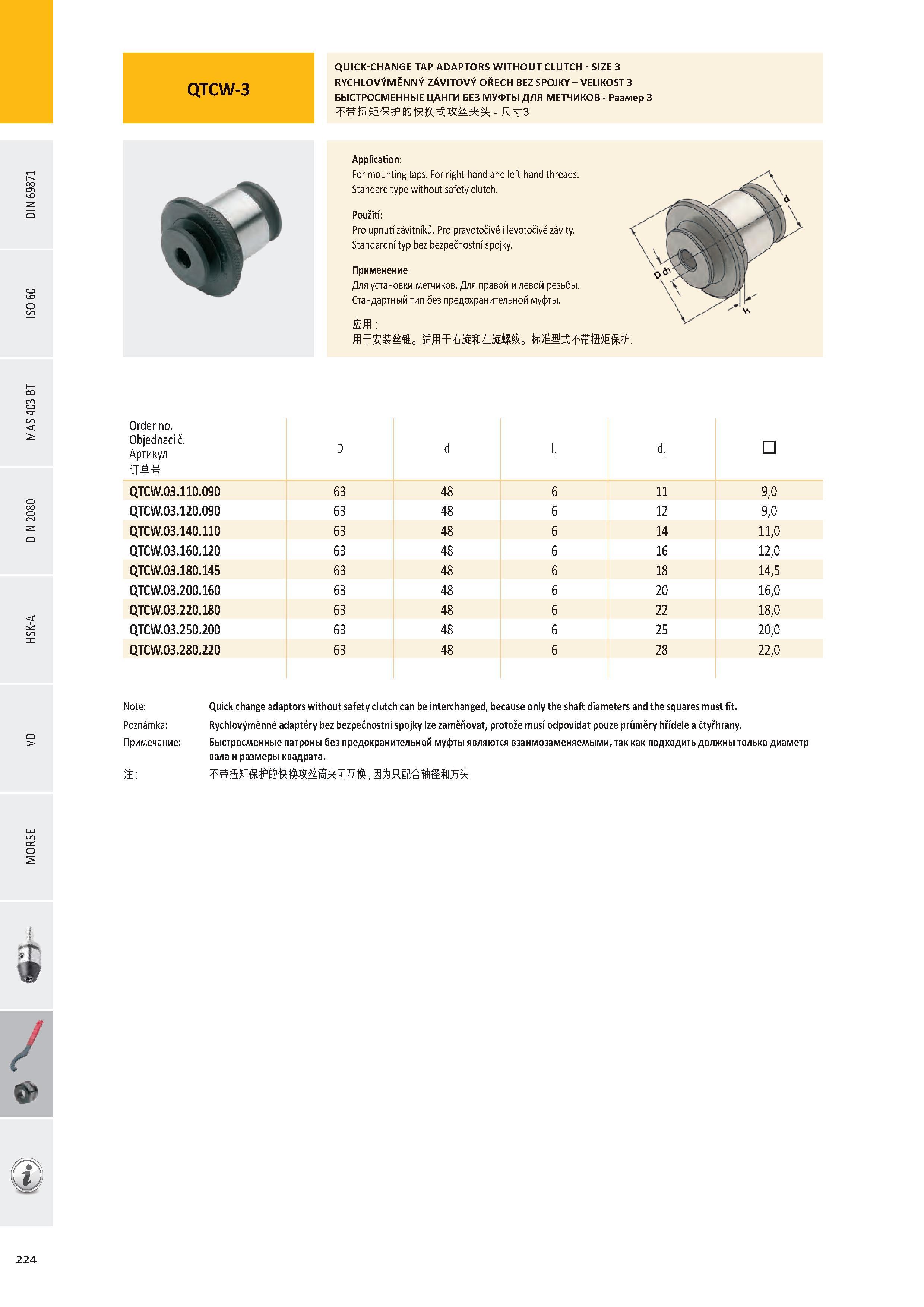 225 QUICK-CHANGE TAP ADAPTORS WITHOUT CLUTCH - SIZE 3 RYCHLOVÝMĚNNÝ ZÁVITOVÝ OŘECH BEZ SPOJKY - VELIKOST 3 БЫСТРОСМЕННЫЕ ЦАНГИ БЕЗ МУФТЫ ДЛЯ МЕТЧИКОВ - Размер Каталог PRAMET 2016 Инструментальная оснастка для металлорежущих станков и металлообрабатывающих промышленных комплексов с числовым программным управлением Стр. 224
