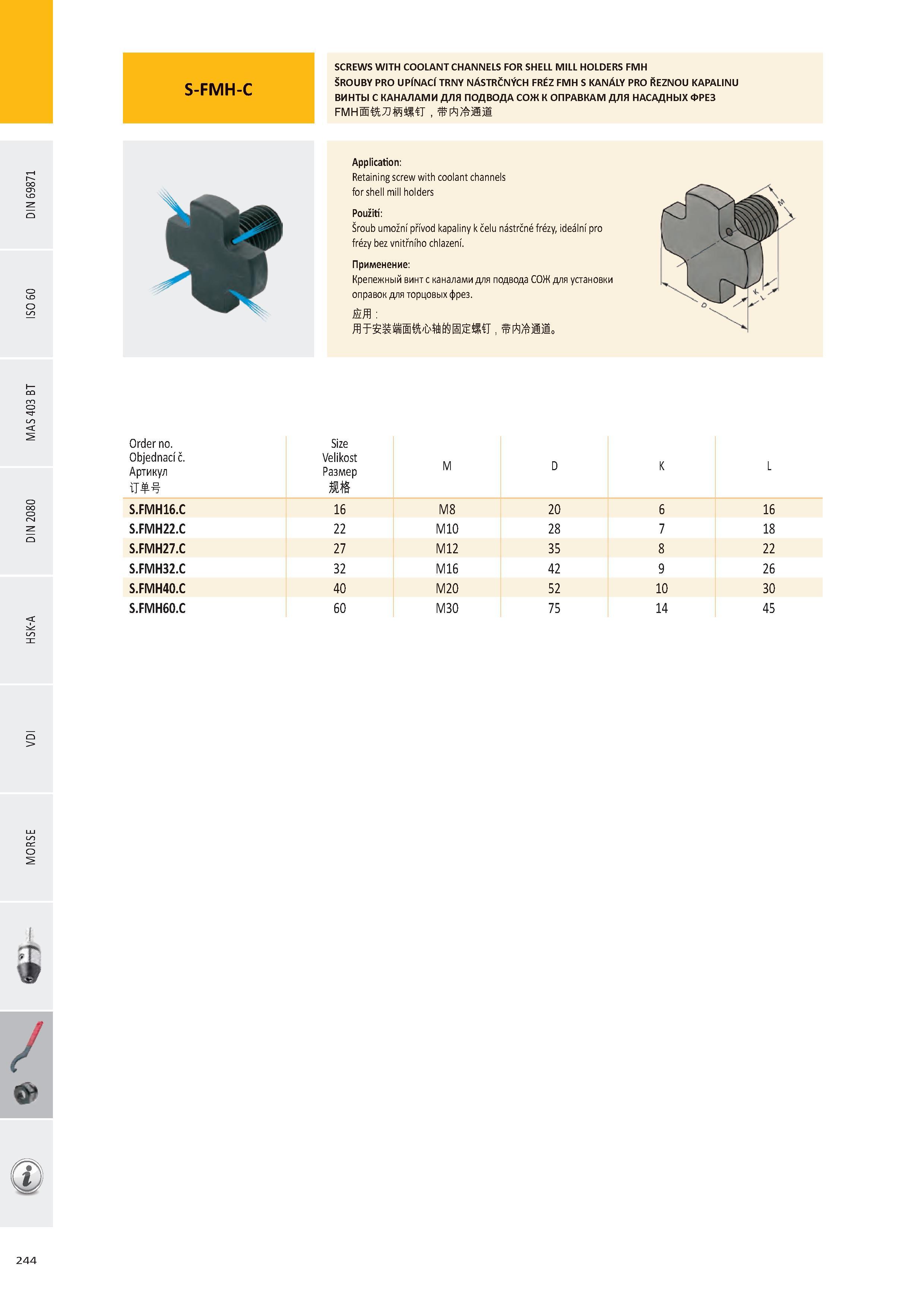 245 SCREWS WITH COOLANT CHANNELS FOR SHELL MILL HOLDERS FMH ŠROUBY PRO UPÍNACÍ TRNY NÁSTRČNÝCH FRÉZ FMH S KANÁLY PRO ŘEZNOU KAPALINU ВИНТЫ С КАНАЛАМИ ДЛЯ ПОДВО Каталог PRAMET 2016 Инструментальная оснастка для металлорежущих станков и металлообрабатывающих промышленных комплексов с числовым программным управлением Стр. 244