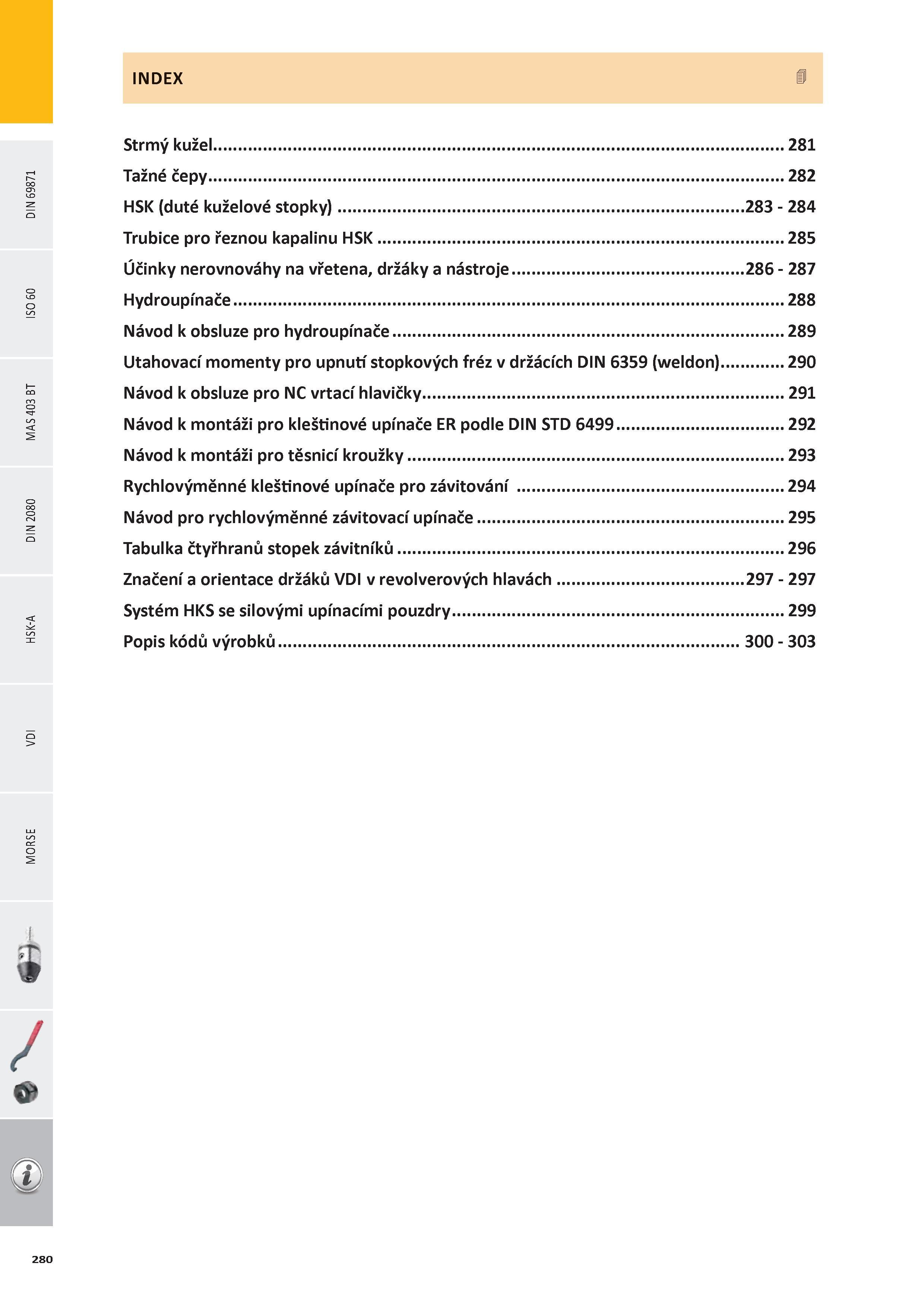 281 INDEX 4 Strmý kužel 281 Tažné čepy 282 HSK (duté kuželové stopky) 283 - 284 Trubice pro řeznou kapalinu HSK 285 Účinky nerovnováhy na vřetena, držáky a nás Каталог PRAMET 2016 Инструментальная оснастка для металлорежущих станков и металлообрабатывающих промышленных комплексов с числовым программным управлением Стр. 280