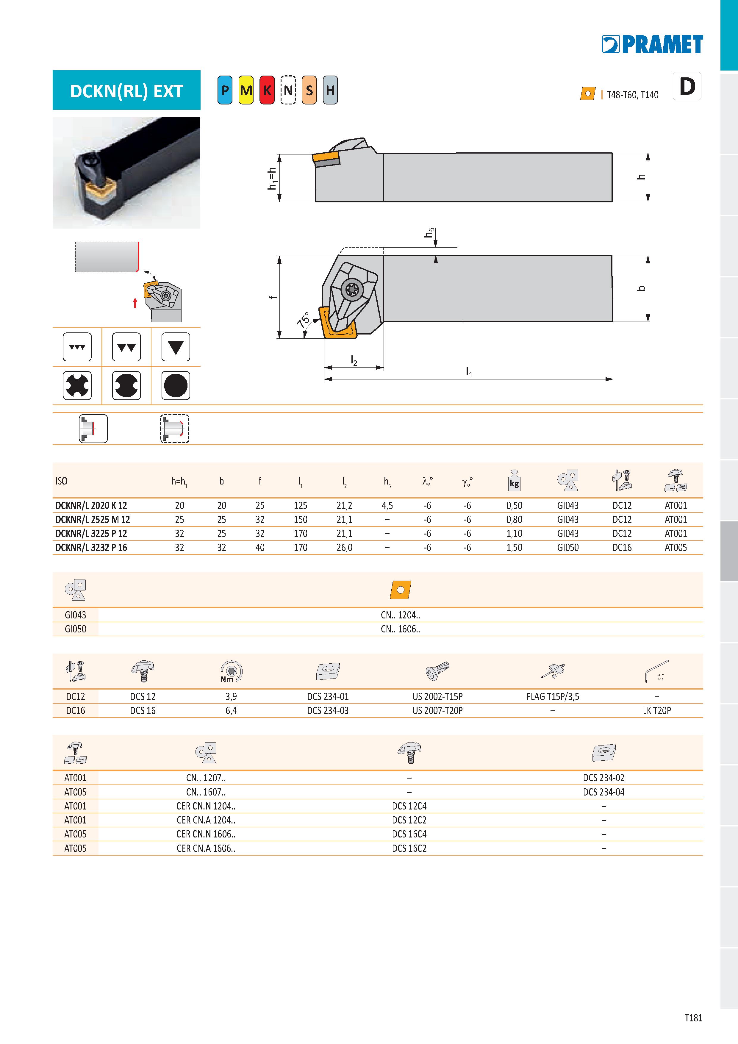 187 DCKN(RL) EXT T N H E2PRAMET P I T48-T60, T140 P N ISO h=h 1° DCKNR/L 2020 K 12 20 20 25 125 21,2 4,5 0,50 GI043 DC12 AT001 DCKNR/L 2525 M 12 25 2 Каталог PRAMET 2019 Режущий инструмент Резцы с твердосплавными пластинами по металлу для точения и растачивания Концевые и насадные фрезы Сверла с СМП Расточные головки Стр. T181