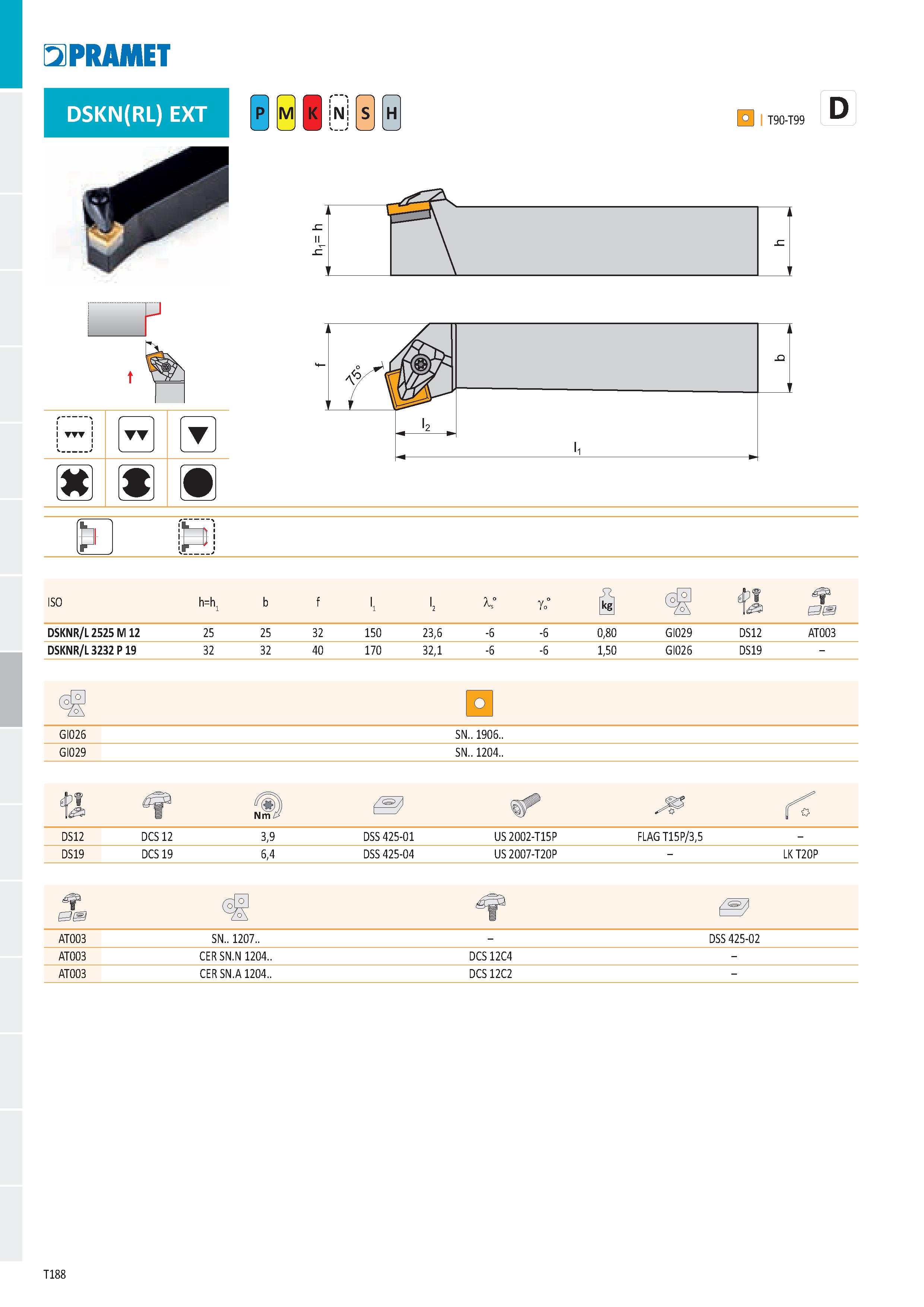 194 PRAMET DSKN(RL) EXT N H F £3 ISO h=ht b f '2 1 ° go° Й Épf 1&Э 0 DSKNR/L2525 M 12 25 25 32 150 23,6 -E -6 0,80 GI029 DS12 AT003 DSKNR/L3232 P 19 Каталог PRAMET 2019 Режущий инструмент Резцы с твердосплавными пластинами по металлу для точения и растачивания Концевые и насадные фрезы Сверла с СМП Расточные головки Стр. T188
