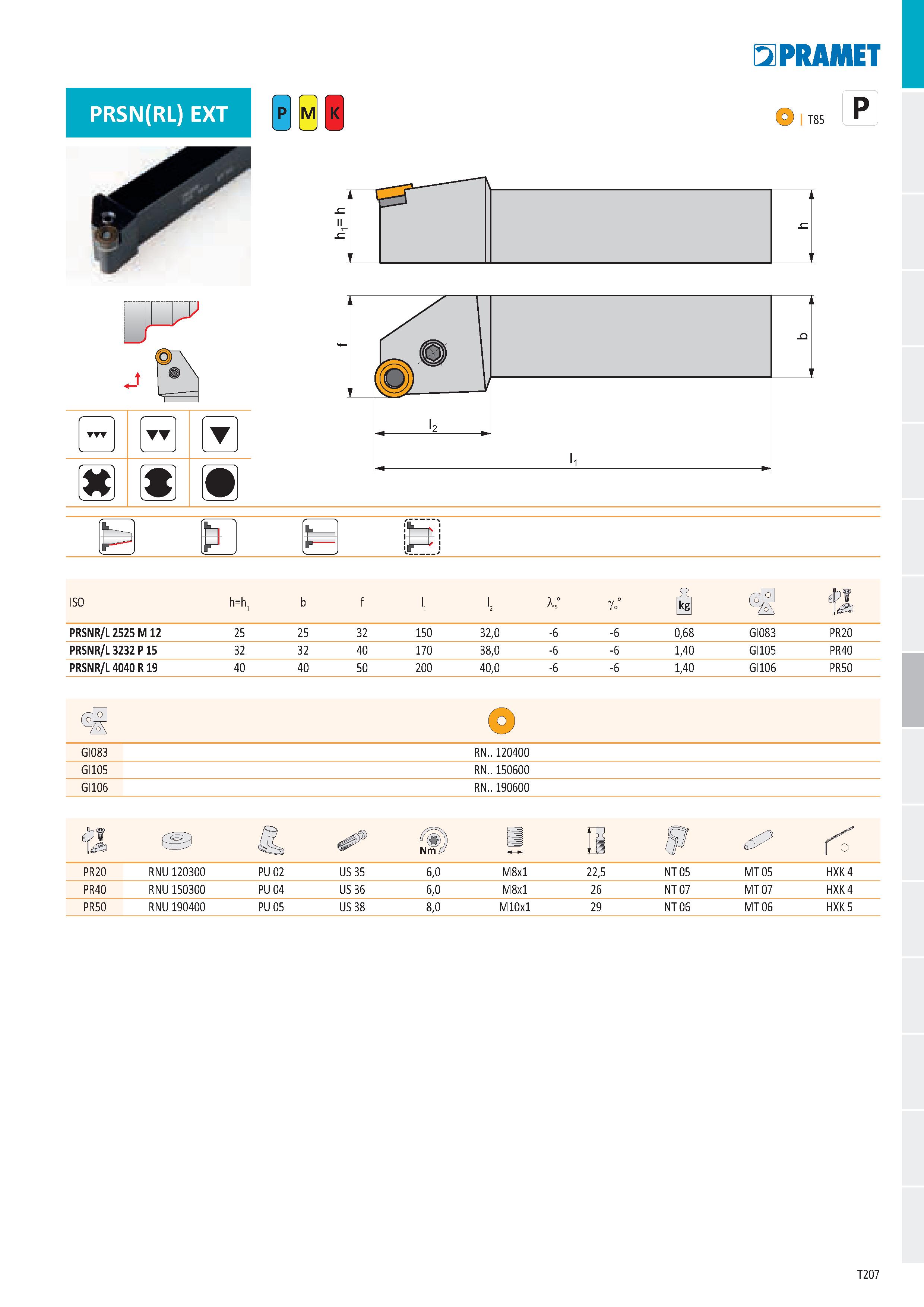 213 PRSN(RL) EXT j T 5IPRAMET P I T85 И P ISO h=h PRSNR/L 2525 M 12 25 25 32 150 32,0 0,68 GI083 PR20 PRSNR/L 3232 P 15 32 32 40 170 38,0 -6 1,40 GI1 Каталог PRAMET 2019 Режущий инструмент Резцы с твердосплавными пластинами по металлу для точения и растачивания Концевые и насадные фрезы Сверла с СМП Расточные головки Стр. T207