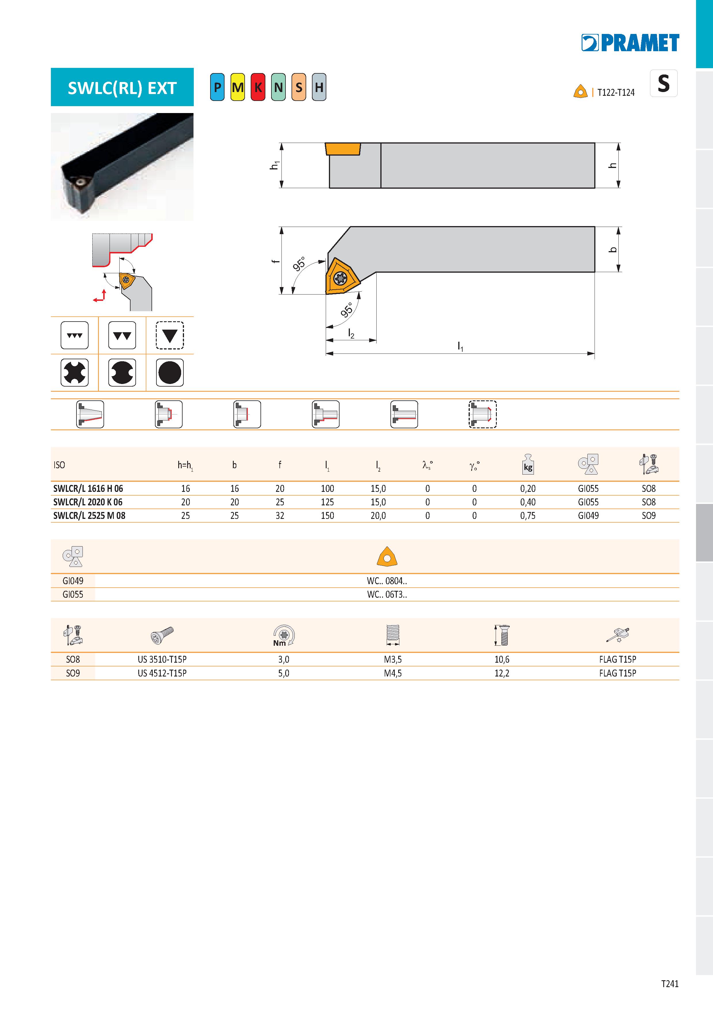 247 SWLC(RL) EXT T Ě H 5IPRAMET S I T122-T124 ‘ 1 1 c ISO h=h SWLCR/L 1616 H 06 16 16 20 100 15,0 0,20 GI055 SO8 SWLCR/L 2020 K 06 20 20 25 125 15,0 Каталог PRAMET 2019 Режущий инструмент Резцы с твердосплавными пластинами по металлу для точения и растачивания Концевые и насадные фрезы Сверла с СМП Расточные головки Стр. T241