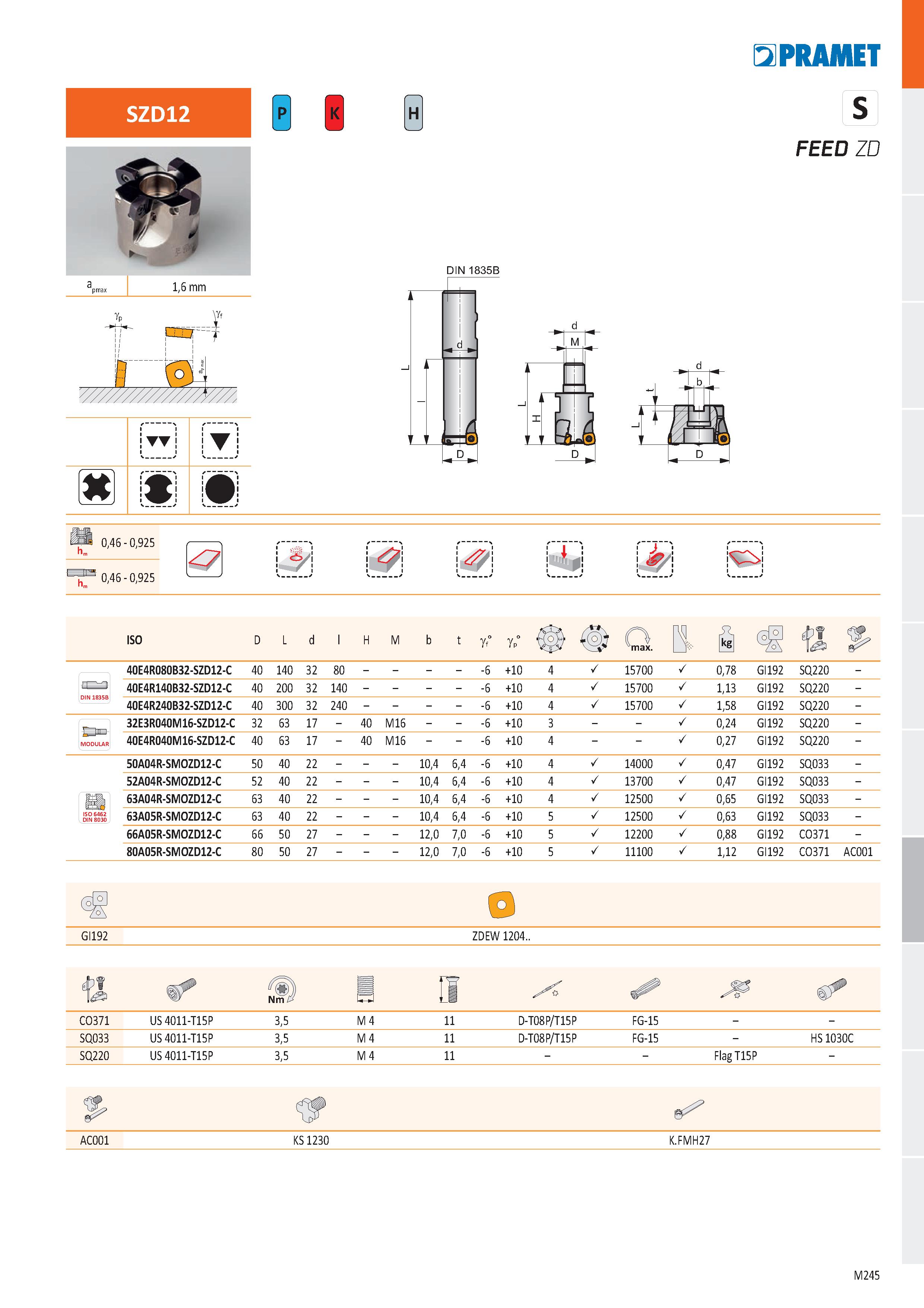 713 PRAMET SZD12 P R H l ) к a pmax 1,6 mm DIN 1835B s FEED ZD 0,46 - 0,925 0,46 - 0,925 l-r1 f\ i i L) ď i í ISO D L d l H M b t gf° gp° 0 max H- Й Каталог PRAMET 2019 Режущий инструмент Резцы с твердосплавными пластинами по металлу для точения и растачивания Концевые и насадные фрезы Сверла с СМП Расточные головки Стр. M245