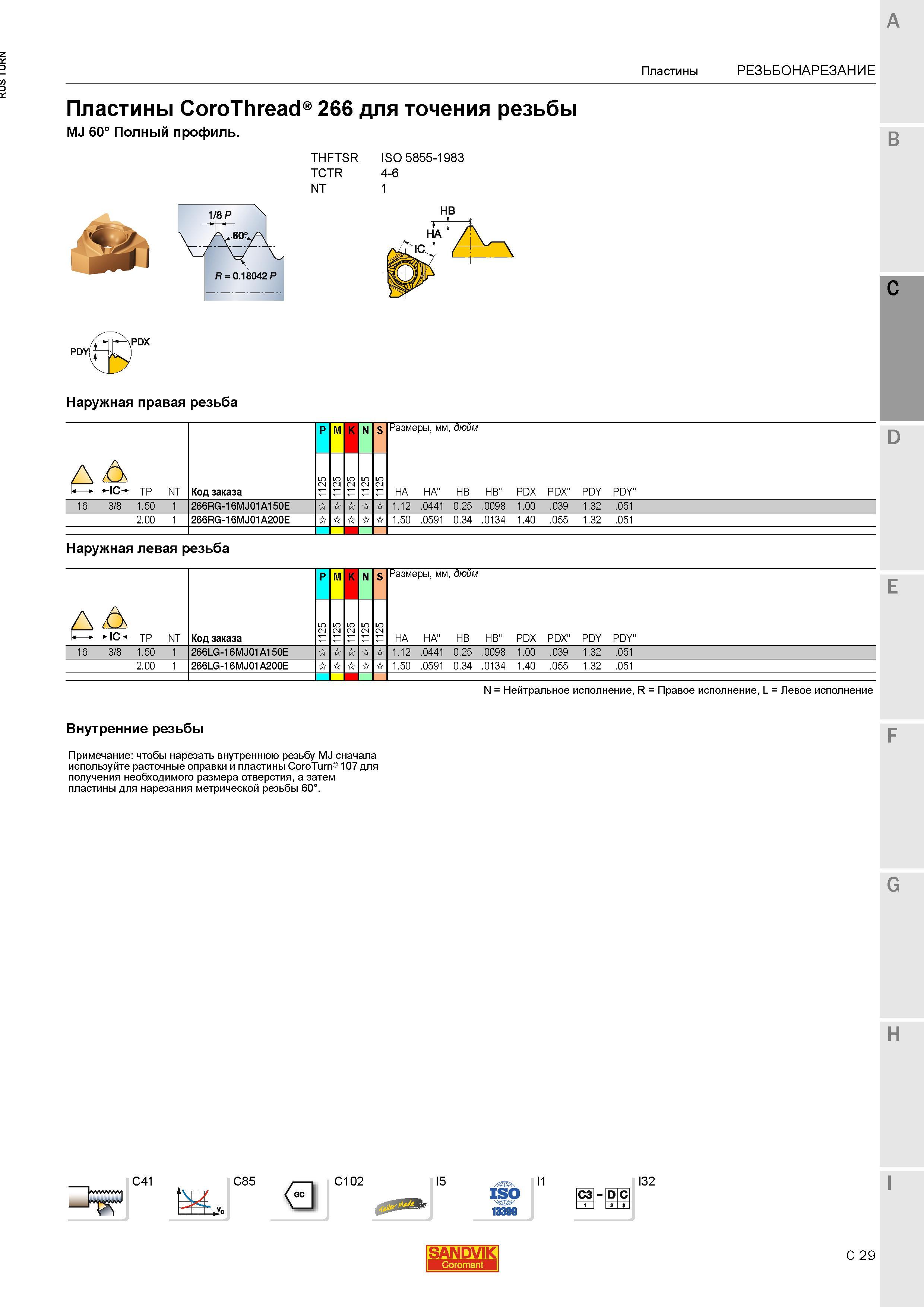 863 Пластины Sandvik Coromant CoroThread 266 для точения резьбы MJ 60 Полный профиль THFTSR ISO 5855-1983 TCTR 4-6 NT 1 C PDY PDX Пластины Резьбонаре Каталог SANDVIK COROMANT 2015 Инструмент и инструментальная оснастка для токарной обработки на станках Стр. C29