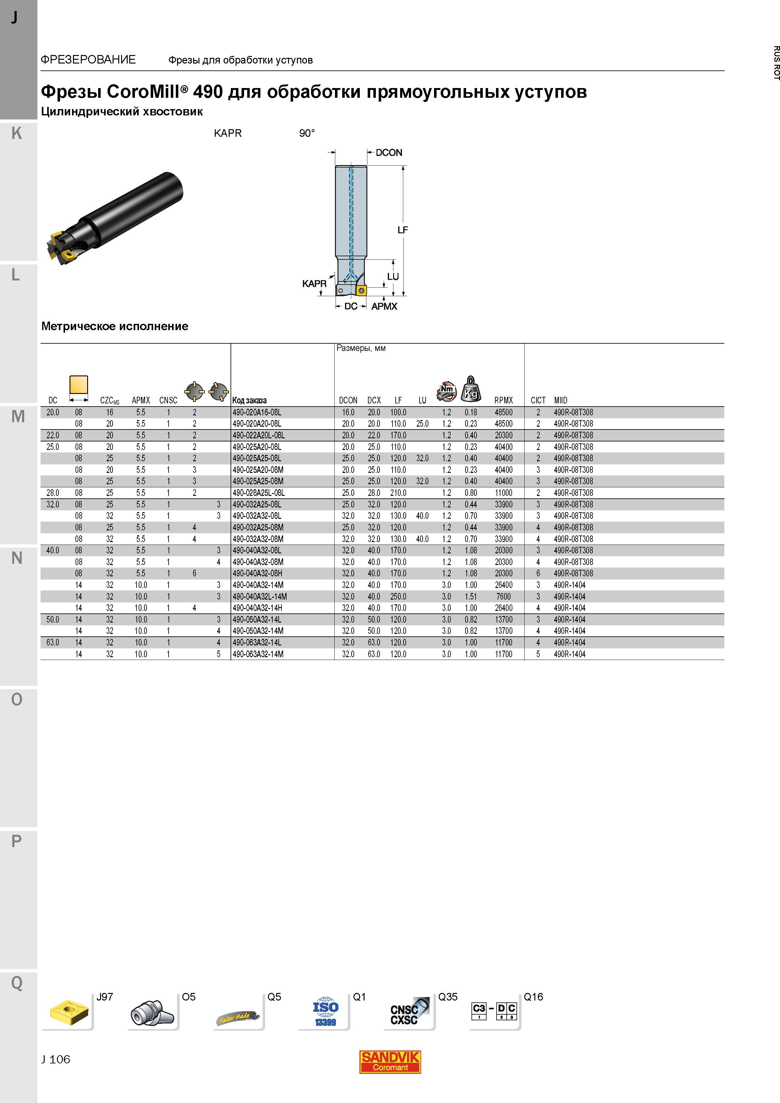 134 Фрезы Sandvik Coromant CoroMill 490 для обработки прямоугольных уступов Цилиндрический хвостовик KAPR 90 DC Метрическое исполнение J97 O5 Q5 Q1 Каталог SANDVIK COROMANT 2015 Металлорежущие вращающиеся инструменты и станочная инструментальная оснастка Стр. J106