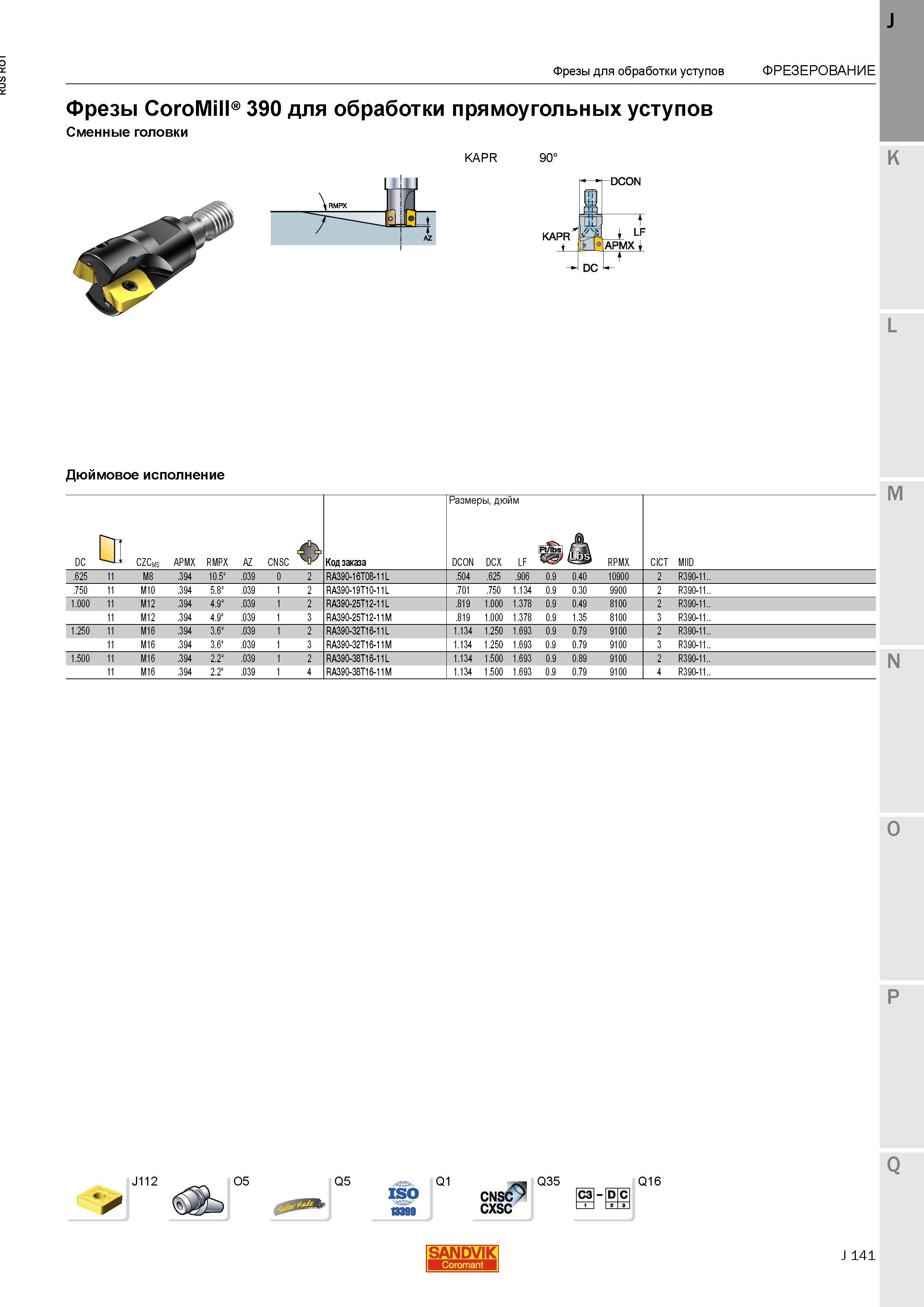 169 Фрезы Sandvik CoroMill 390 для обработки прямоугольных уступов Сменные головки KAPR 90 K 1 DCON kapr lUj f LF APMX DC 1 L Дюймовое исполнение J Каталог SANDVIK COROMANT 2015 Металлорежущие вращающиеся инструменты и станочная инструментальная оснастка Стр. J141