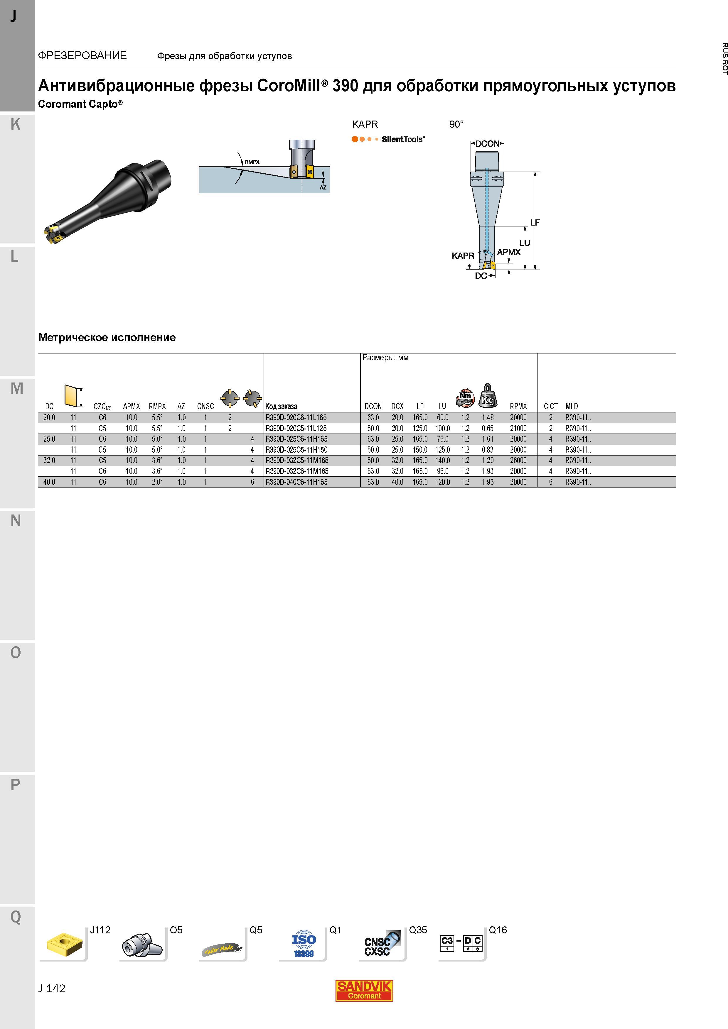 170 Антивибрационные фрезы Sandvik CoroMill 390 SilentTools для обработки прямоугольных уступов Coromant Capto KAPR 90 -DCON' DC Метрическое исполн Каталог SANDVIK COROMANT 2015 Металлорежущие вращающиеся инструменты и станочная инструментальная оснастка Стр. J142