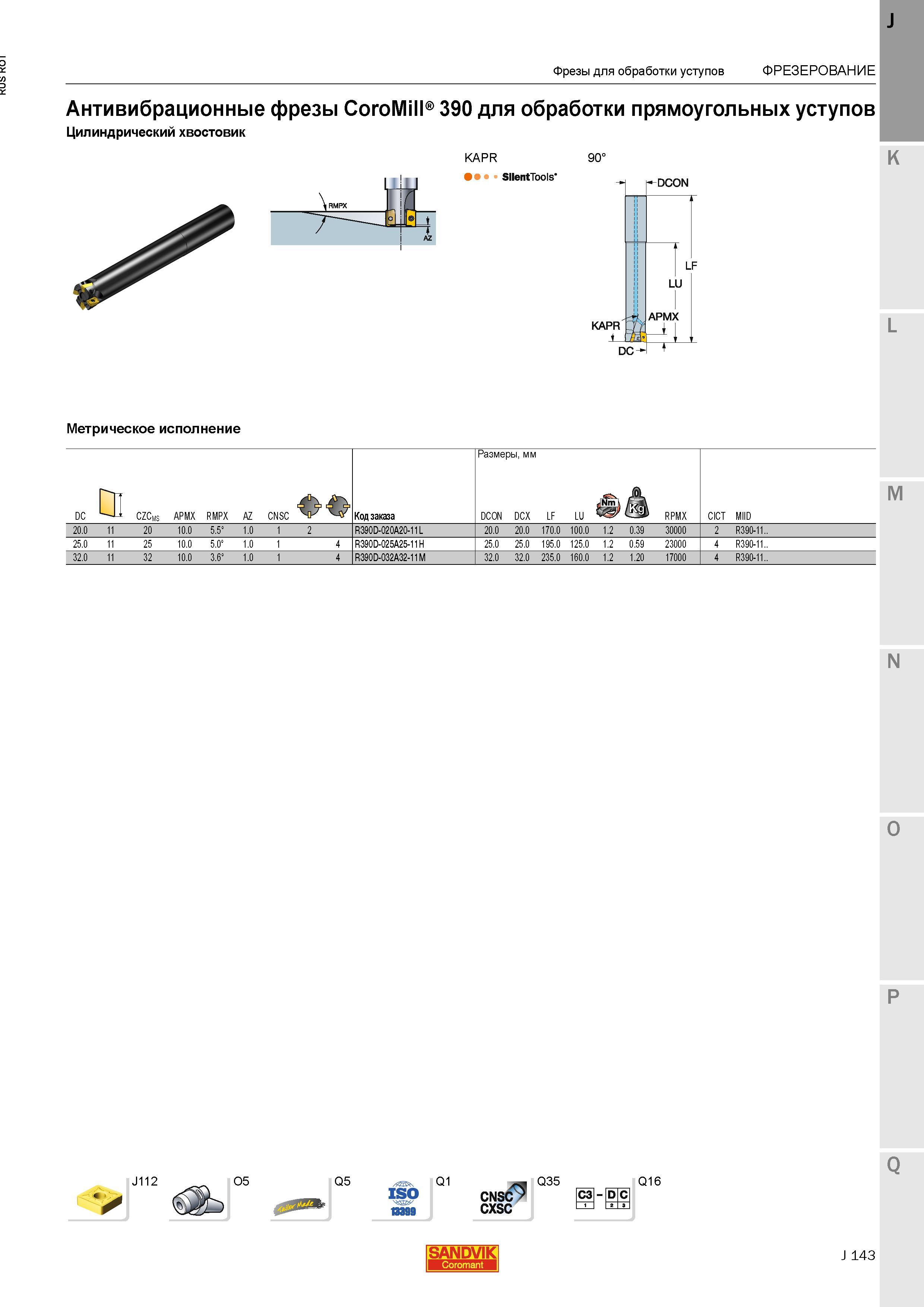 171 Антивибрационные фрезы Sandvik CoroMill 390 SilentTools для обработки прямоугольных уступов Цилиндрический хвостовик KAPR 90 KAPR DCON DC LF LU Каталог SANDVIK COROMANT 2015 Металлорежущие вращающиеся инструменты и станочная инструментальная оснастка Стр. J143