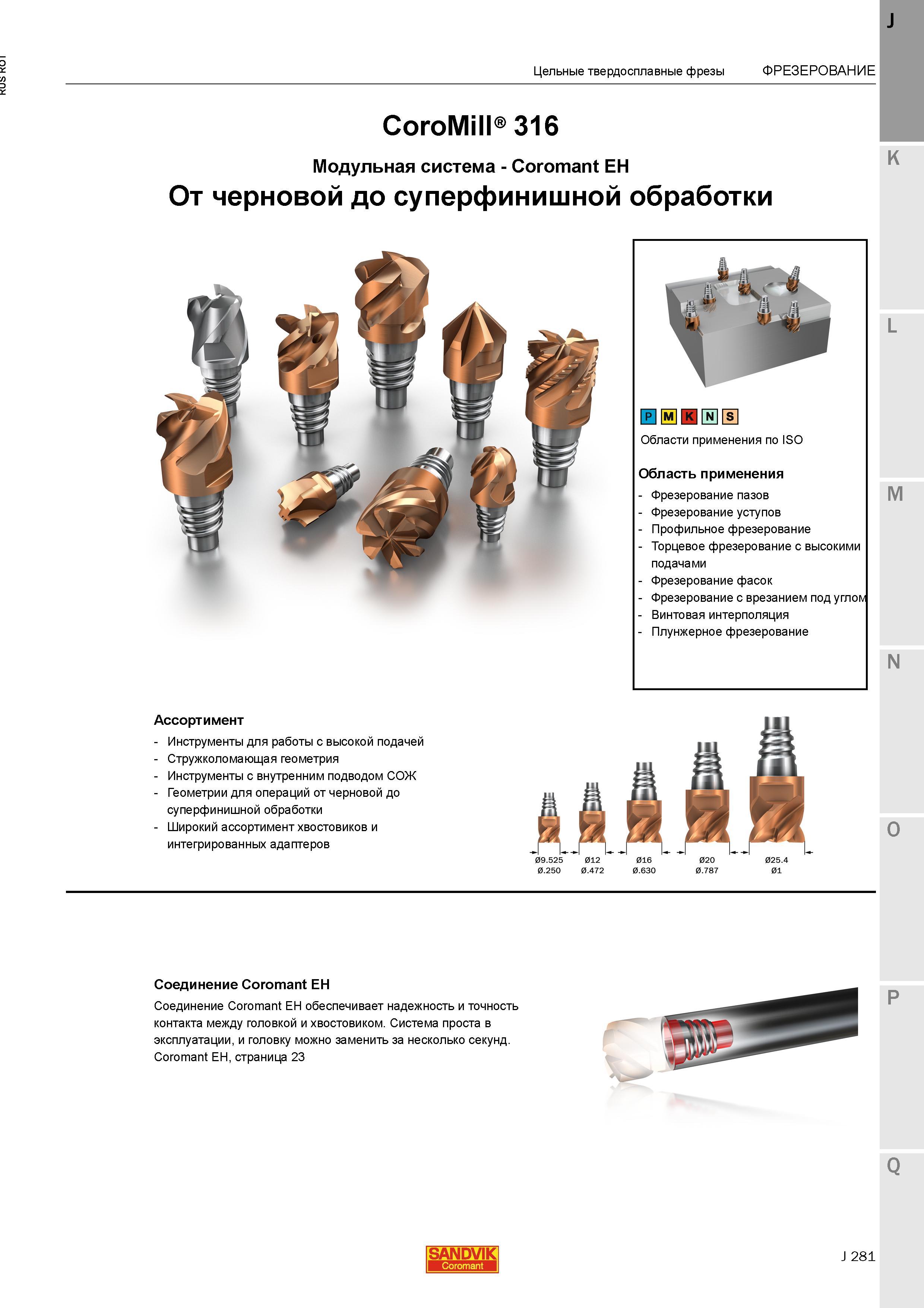 309 Концевые модульные фрезы Sandvik CoroMill 316 со сменными твердосплавными режущими головками Модульная инструментальная система Coromant EH От Каталог SANDVIK COROMANT 2015 Металлорежущие вращающиеся инструменты и станочная инструментальная оснастка Стр. J281