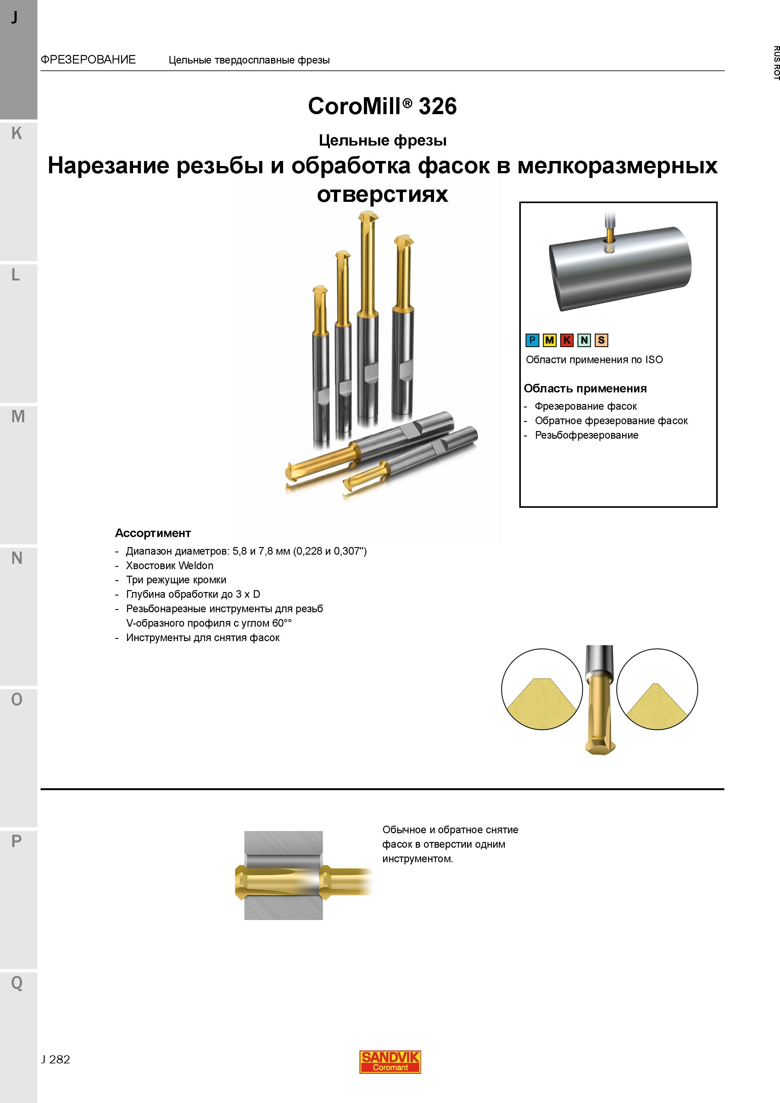 310 Цельные твердосплавные концевые фрезы Sandvik CoroMill 326 Фрезерный инструмент для нарезания резьбы и обработки фасок в мелкоразмерных отверст Каталог SANDVIK COROMANT 2015 Металлорежущие вращающиеся инструменты и станочная инструментальная оснастка Стр. J282