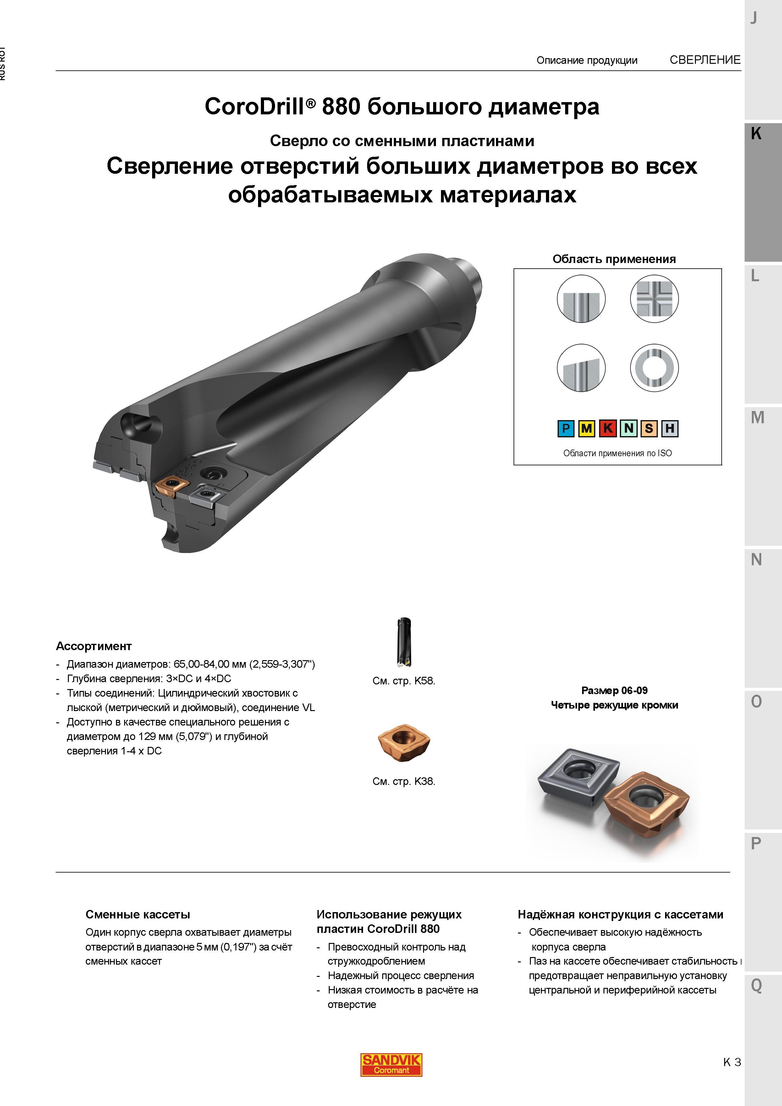 543 Сборное сверло Sandvik CoroDrill 880 с твердосплавными сменными режущими пластинами для сверления отверстий больших диаметров во всех обрабатыв Каталог SANDVIK COROMANT 2015 Металлорежущие вращающиеся инструменты и станочная инструментальная оснастка Стр. K3