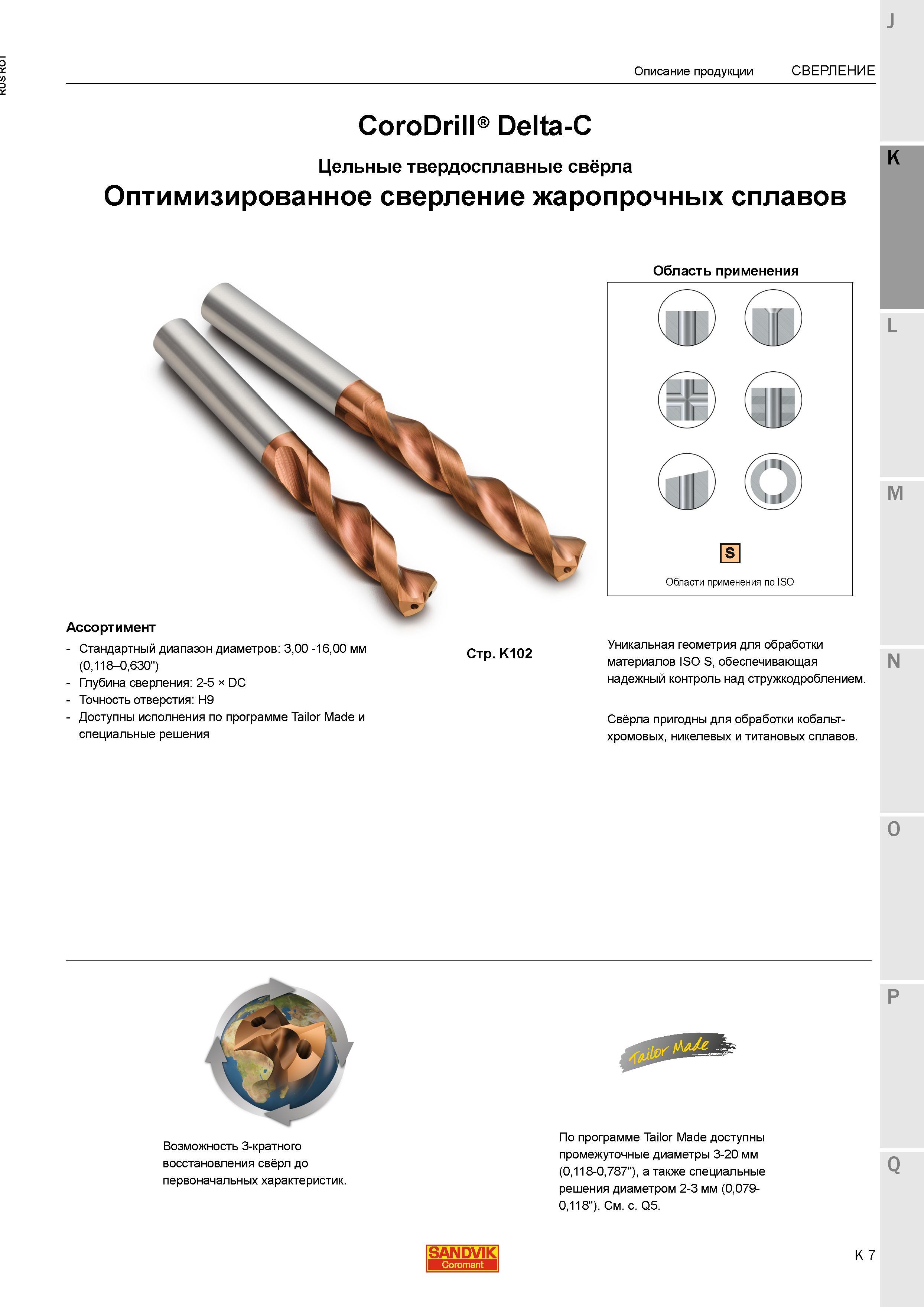 547 Специализированные цельные сверла Sandvik CoroDrill Delta-C для оптимизированного сверления жаропрочных сплавов Стандартный диапазон диаметров Каталог SANDVIK COROMANT 2015 Металлорежущие вращающиеся инструменты и станочная инструментальная оснастка Стр. K7