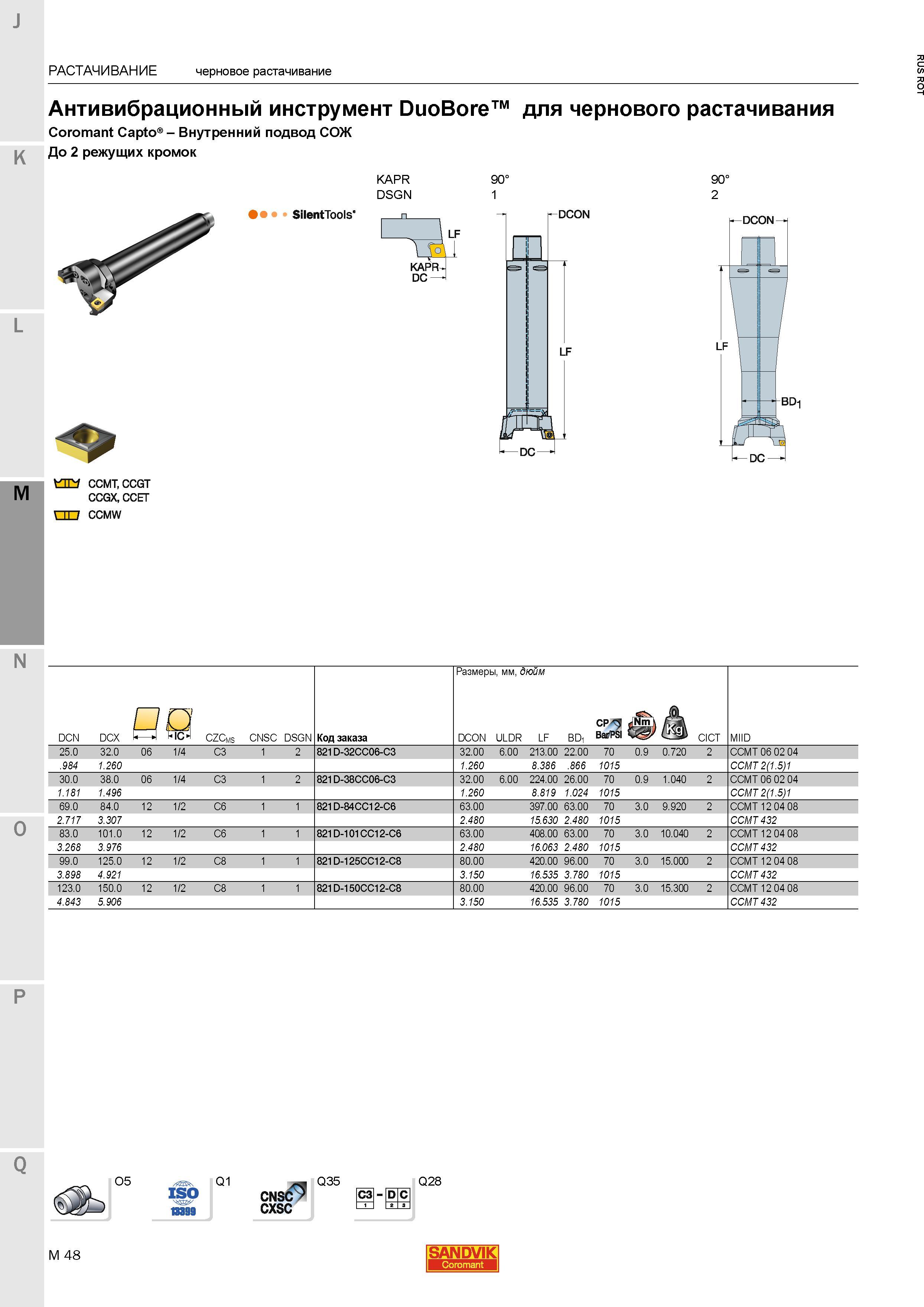 1116 Антивибрационный инструмент Sandvik SilentTools DuoBore для чернового растачивания Coromant Capto Внутренний подвод СОЖ До 2 режущих кромок Чер Каталог SANDVIK COROMANT 2015 Металлорежущие вращающиеся инструменты и станочная инструментальная оснастка Стр. M48