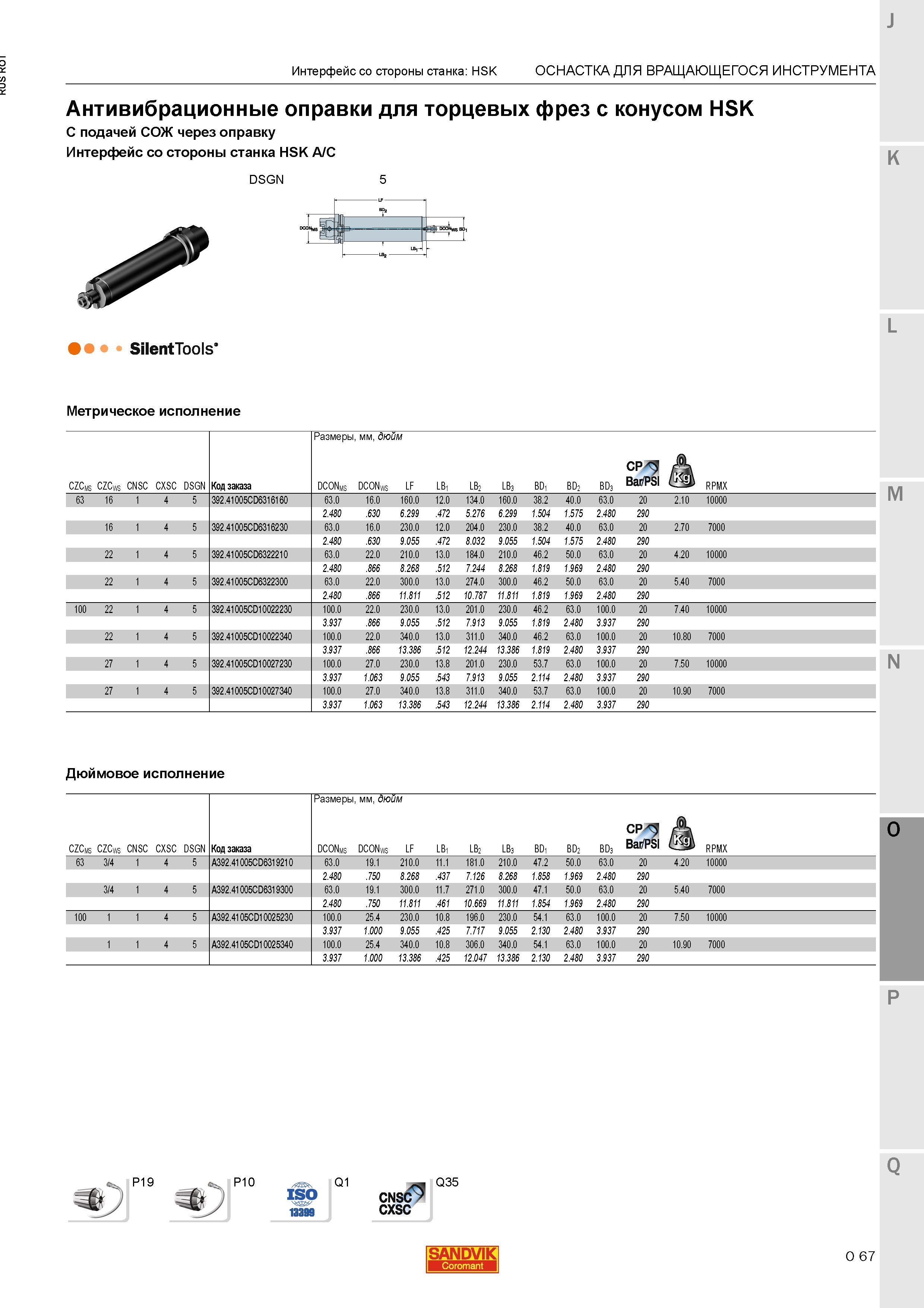 1311 Антивибрационные оправки Sandvik SilentTools для торцевых фрез с конусом HSK С подачей СОЖ через оправку Интерфейс со стороны станка HSK A C Ме Каталог SANDVIK COROMANT 2015 Металлорежущие вращающиеся инструменты и станочная инструментальная оснастка Стр. O67